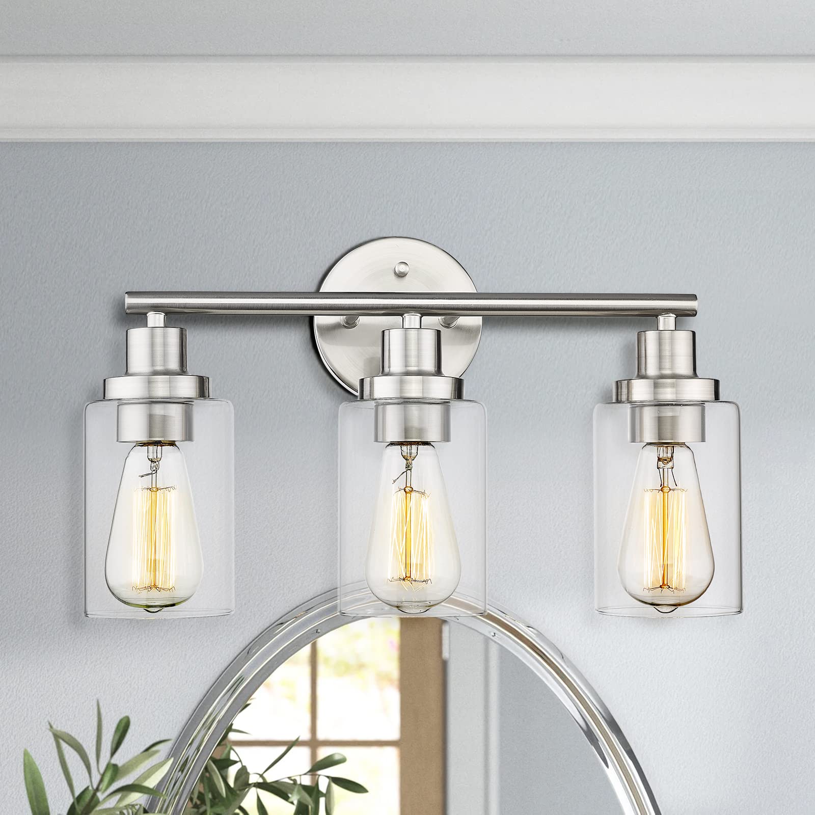 Cargifak 3-Light Bathroom Vanity Wall Light Fixture - Brushed Nickel Finish with Clear Glass Shades - Perfect for Bathroom Mirror Lighting, Powder Room & Dressing Area Illumination