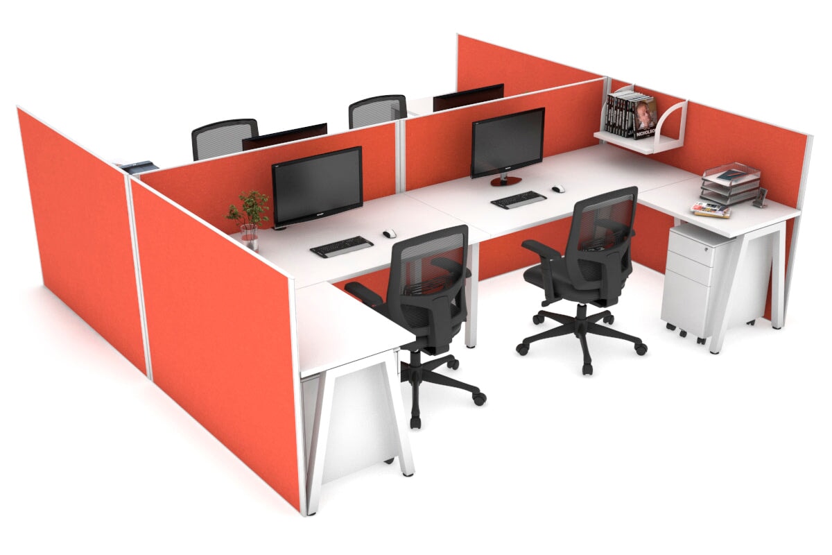 Quadro A Legs 4-Person Corner Workstation - H Configuration White Frame [1600L x 1800W with Cable Management] | Modern Office Desk for Home & Business Workspaces
