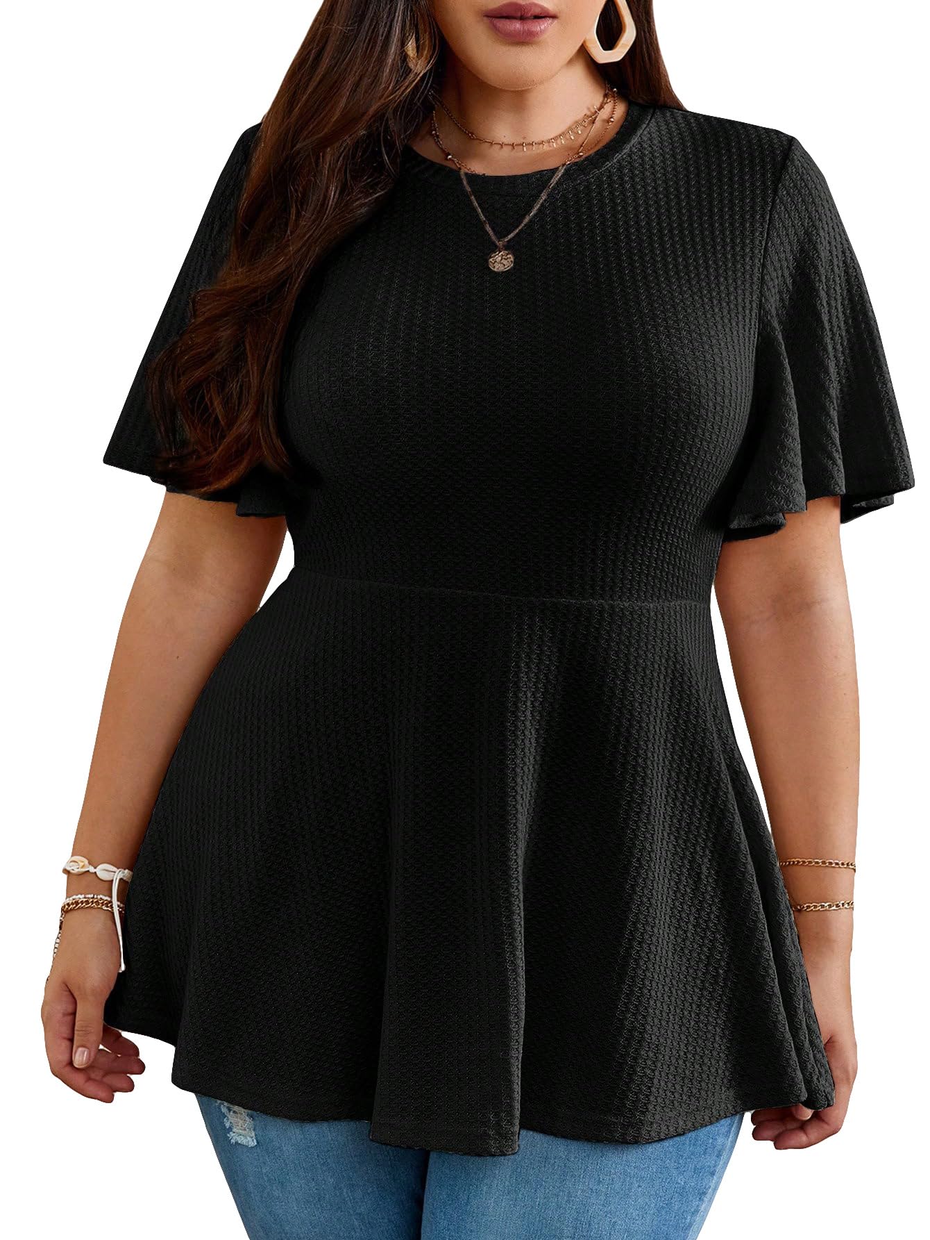 OYOANGLE Women's Plus Size Short Sleeve Peplum Blouse - Waffle Knit Flared Round Neck Tops for Casual Wear & Office Outfits