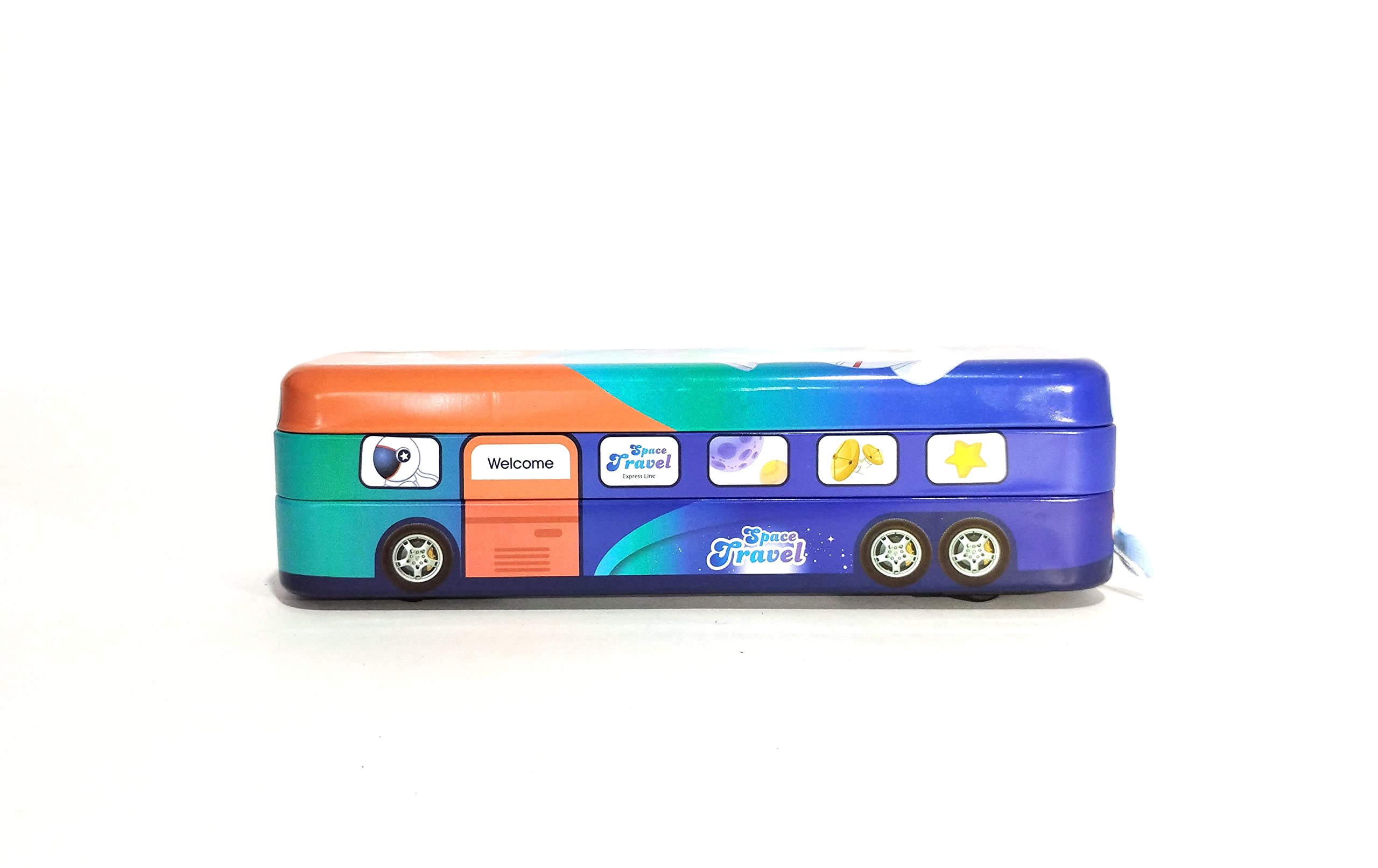 Anvi Cartoon Printed Metal Bus-Shaped Pull Back Pencil Case with Functional Wheels | 3 Compartment School Supply Organizer | Fun String-Operated Toy for Kids | Perfect Birthday Gift for Boys & Girls (Space Travel Design) - Great for School, Travel & Playtime