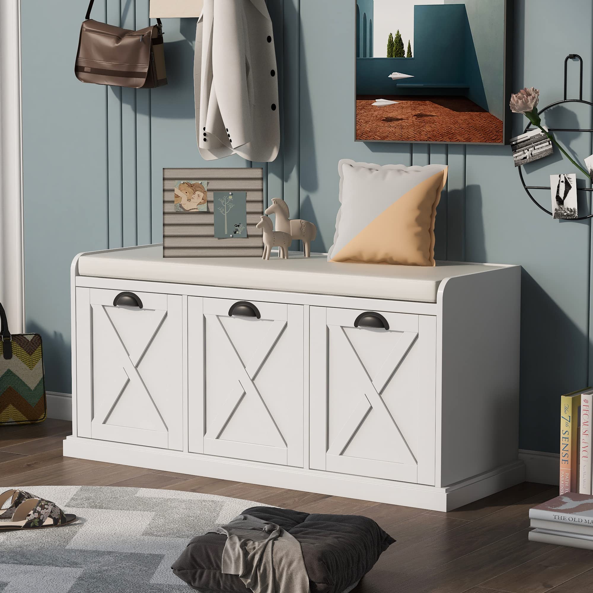 Rustic Solid Wood Storage Bench with 3 Drawers & Velvet Removable Cushion - Entryway Shoe Bench for Hallway, Living Room (Antique Navy) | Perfect for Small Space Organization & Home Decor