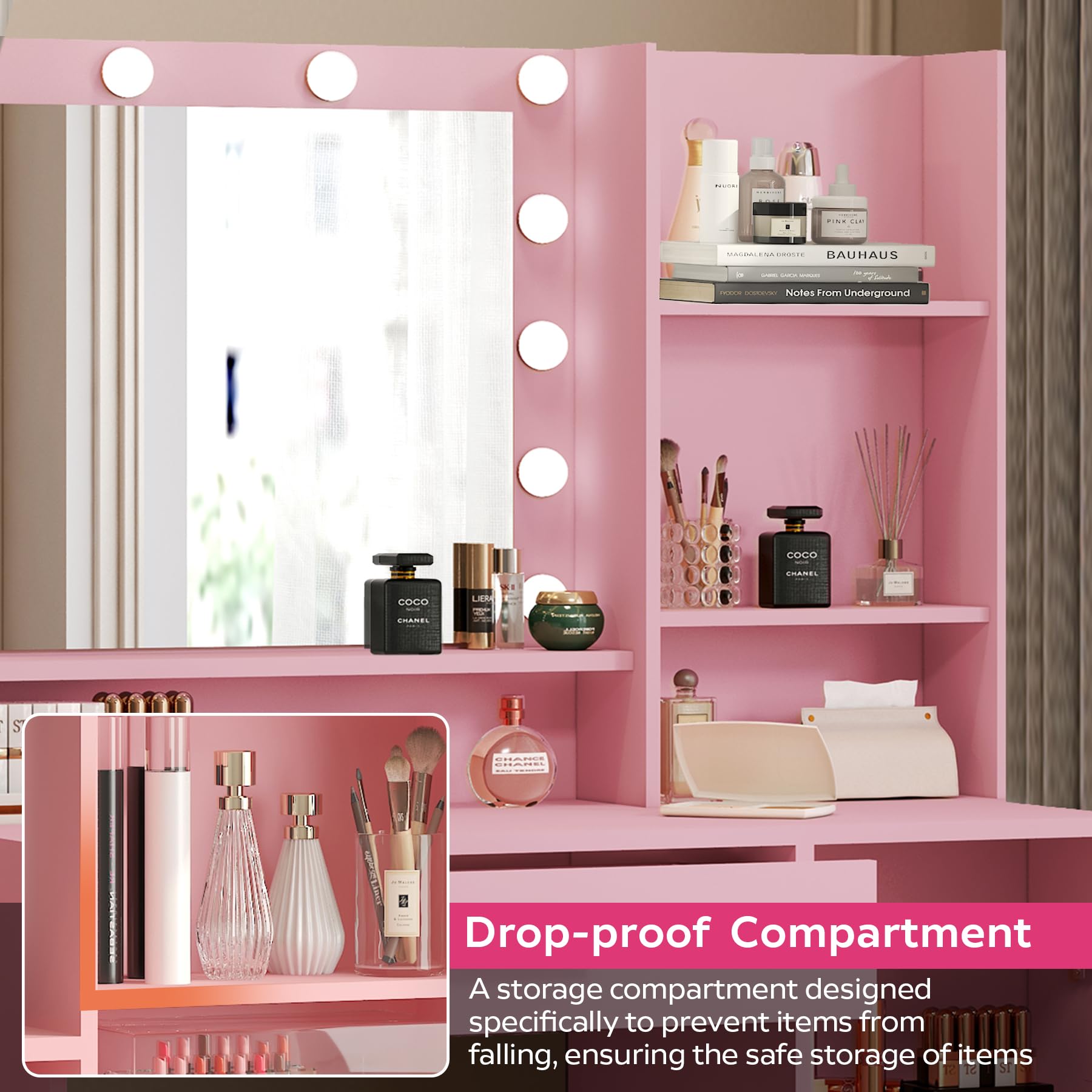 Vanity Desk with Mirror and Light - Large Drawer & 3-Tier Storage Dresser, 3 Adjustable Lighting Modes, Pink Makeup Dressing Table for Bedroom | Perfect for Makeup, Skincare & Jewelry Organization
