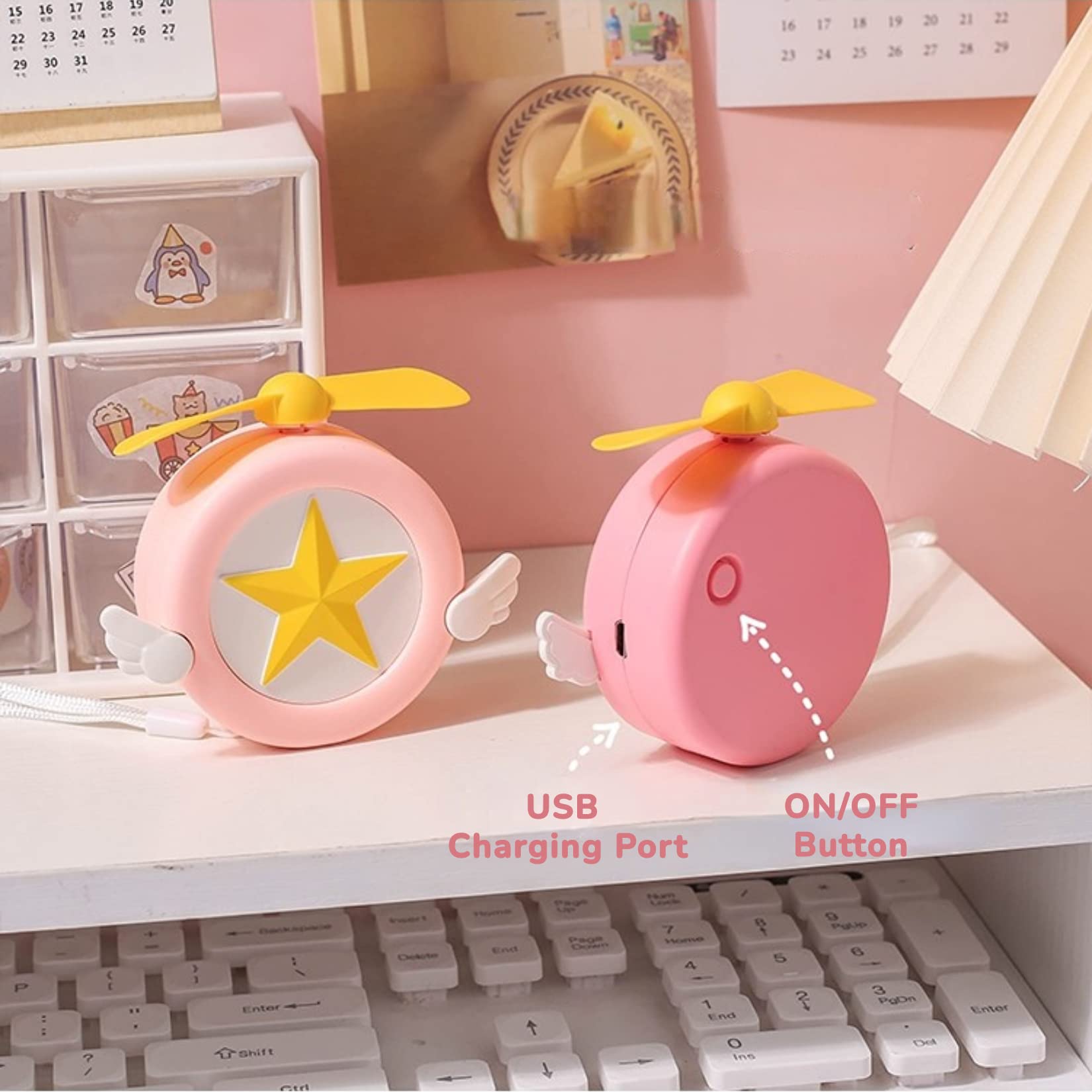 AONUOWE Cute Handheld Mini Fan with Lanyard - USB Rechargeable Battery Operated Portable Fan for Summer Cooling - Pink Personal Pocket Fan for Kids, Teens, School, Office, Outdoor & Travel Use