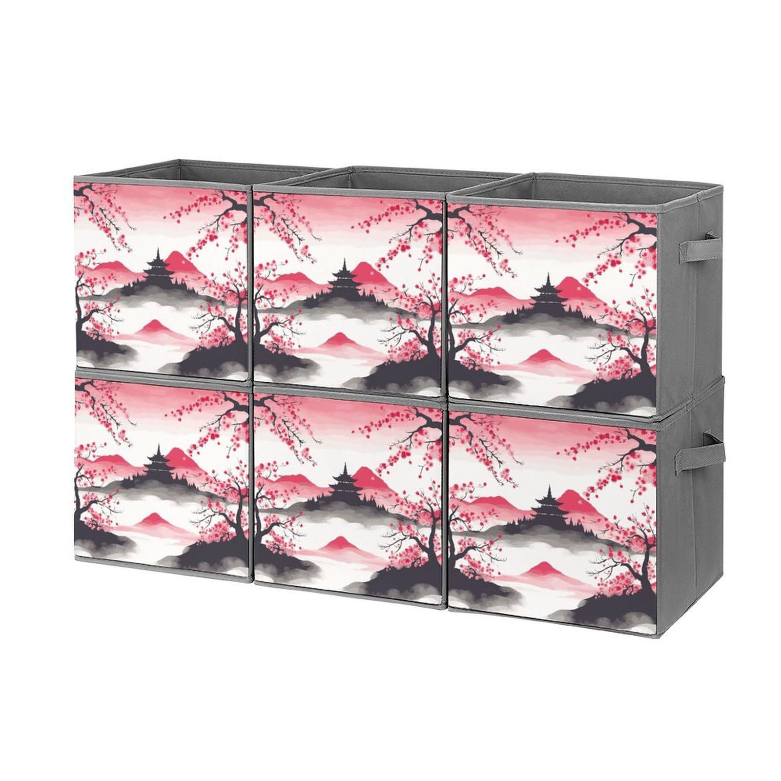 6-Piece Collapsible Storage Bins with Cherry Blossom & Mount Fuji Print - Foldable Storage Containers with Handles for Home Organization, Closet, Pantry, Nursery & Office Shelves | Space-Saving Multi-Purpose Storage Boxes & Baskets