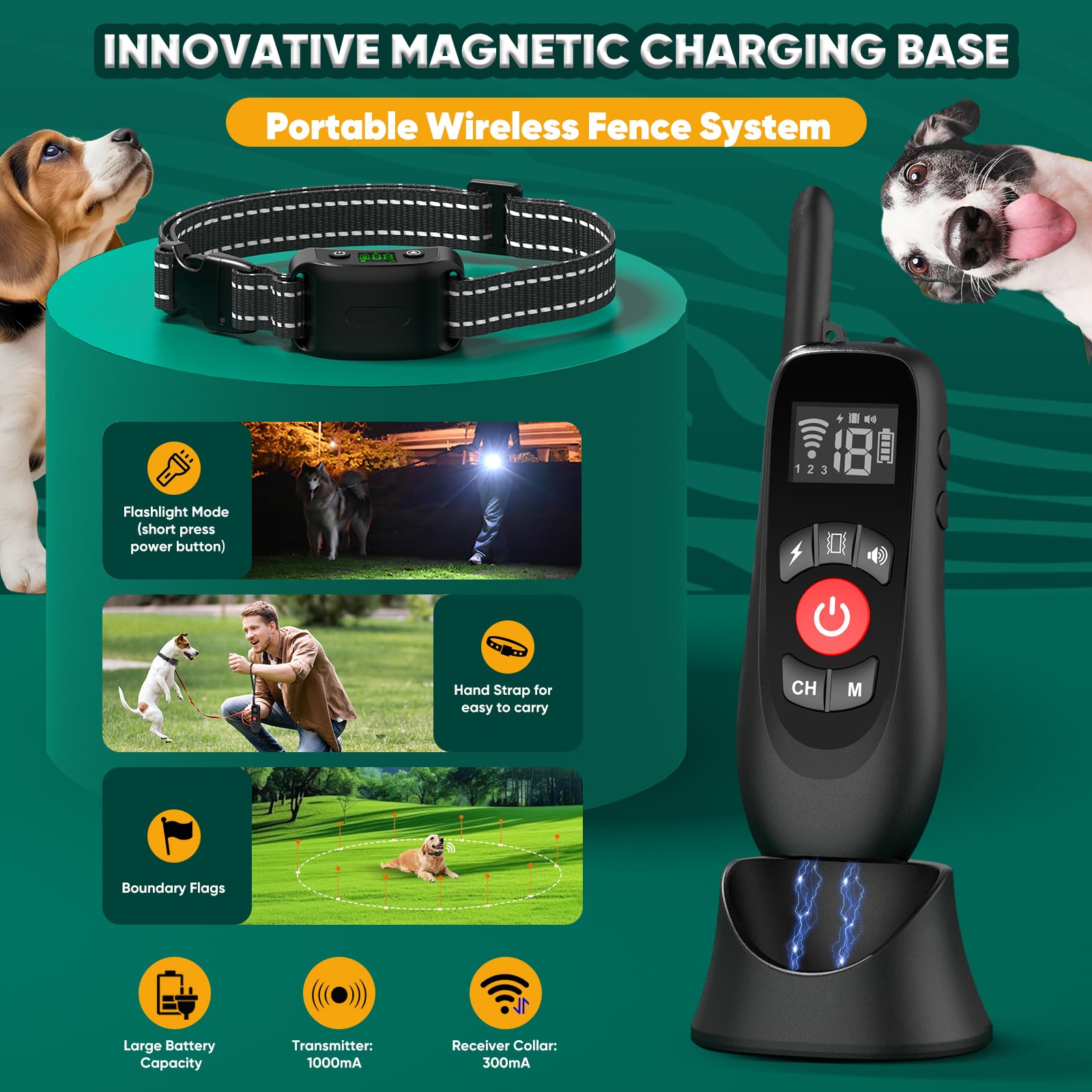 Wireless Dog Fence System - 2-in-1 Electric Pet Fence with Smart Magnetic Charging Base | Adjustable Warning Collar for Small, Medium & Large Dogs | Portable Outdoor Dog Perimeter Fence for Backyard, Yard & Garden Safety