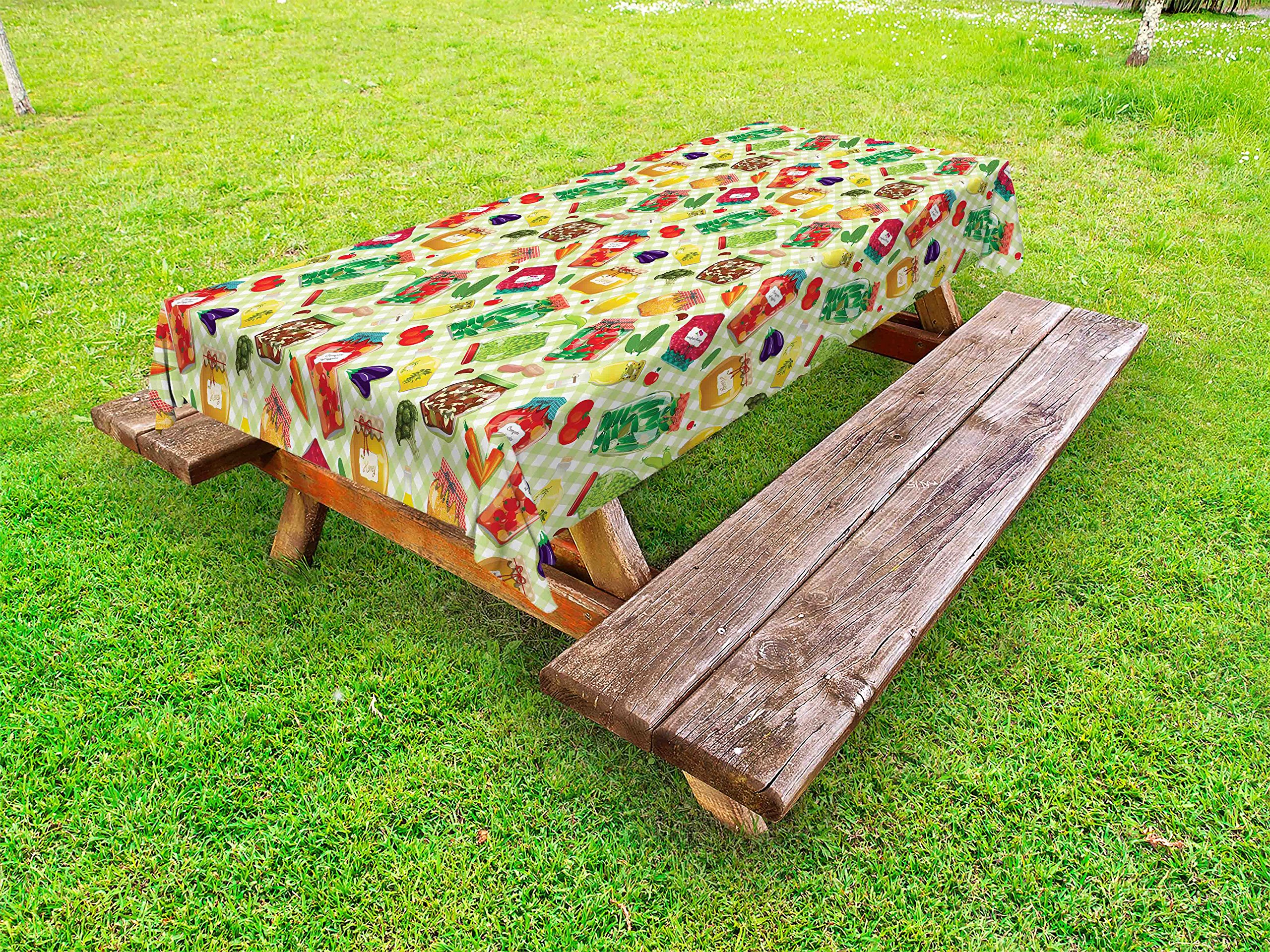 Vintage Checkered Picnic Tablecloth with Food in Glass Jars Print - Washable Outdoor Table Cover 58