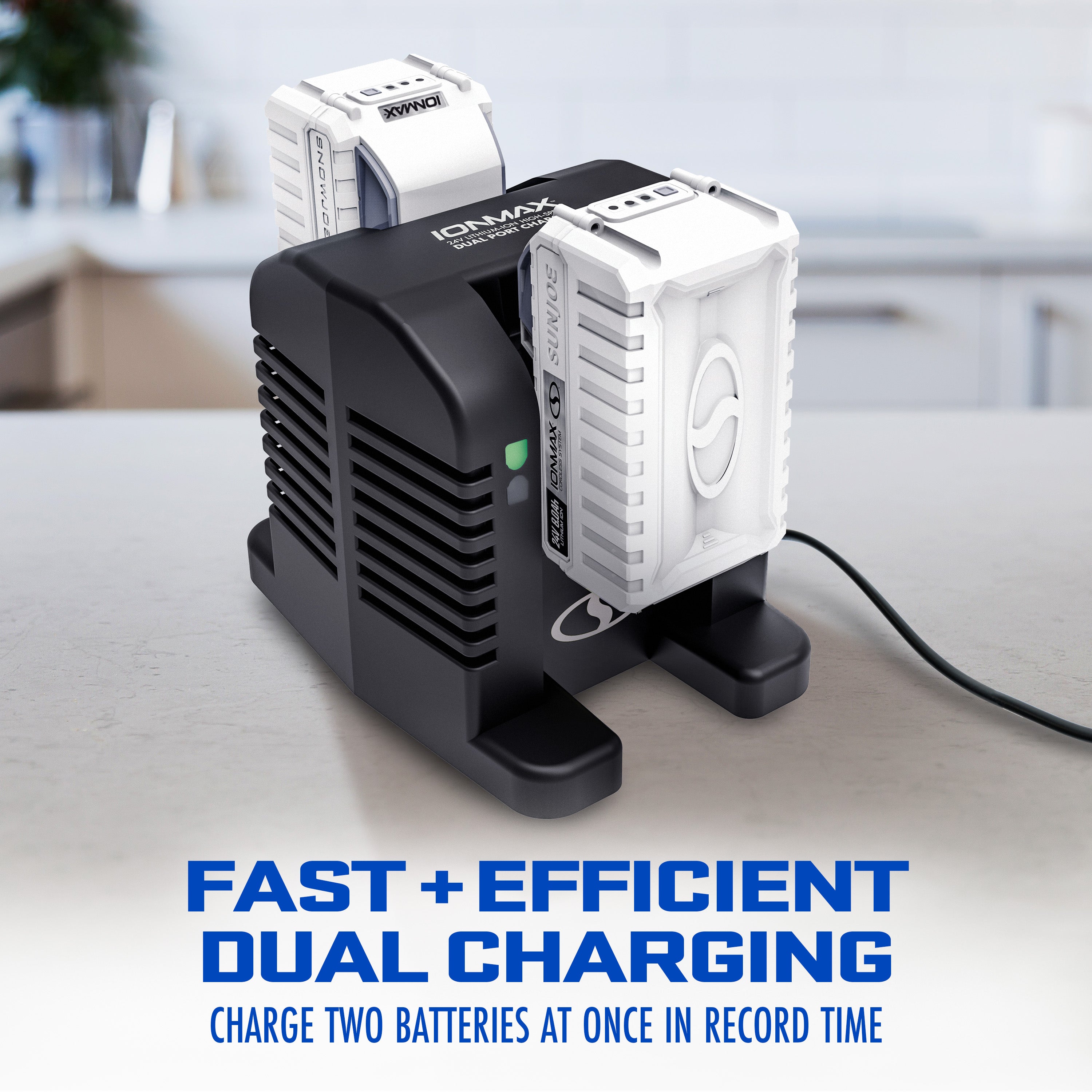 Snow Joe + Sun Joe 24V IONMAX Dual Port High Speed Charger for iBAT24 & 24VBAT Batteries | 26V Output | 260W Input | Fast Charging Dock Station | Perfect for Lawn Mowers, Snow Blowers & Power Tools