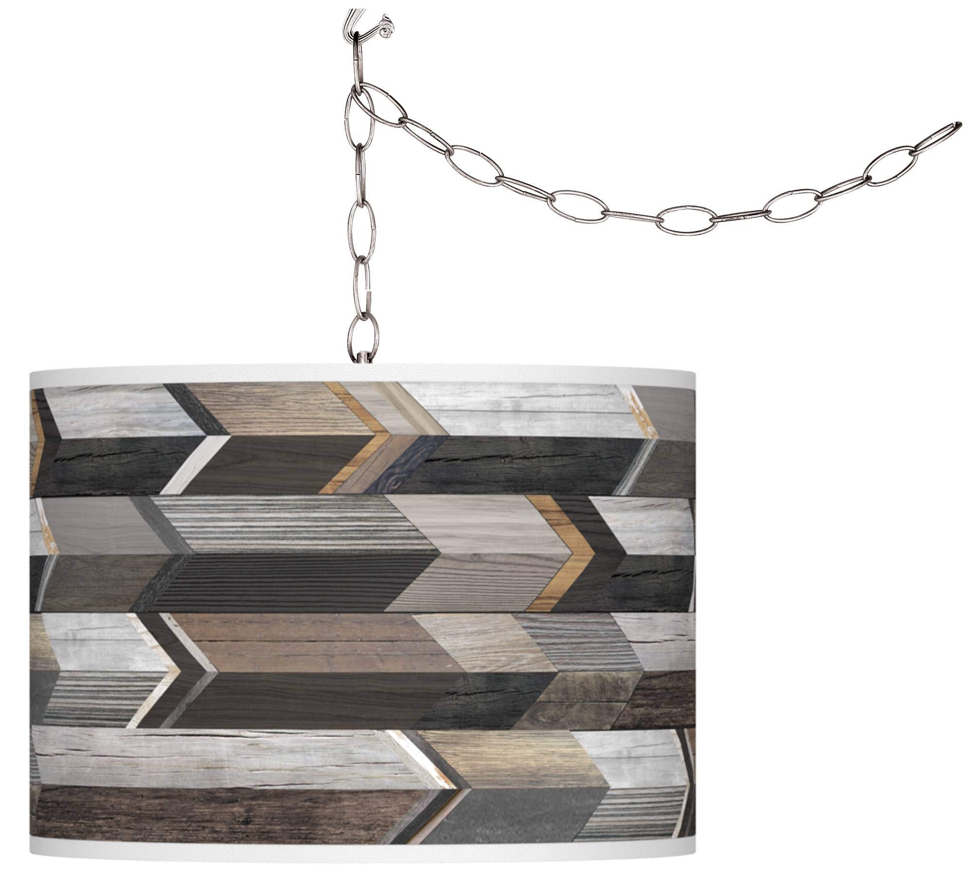 Handmade Wooden Arrow Plug-in Swag Pendant Light with Printed Fabric Shade - Rustic Farmhouse Ceiling Lighting for Bedroom, Dining Room, or Porch