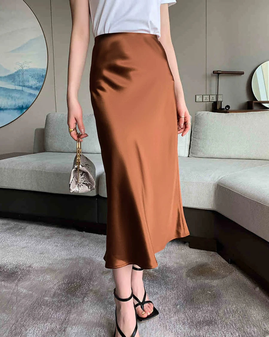 Elegant Silk Midi Skirts for Women - Stretchy Elastic Waistband, Flowy A-Line Design - Perfect for Office Wear, Date Nights & Special Occasions