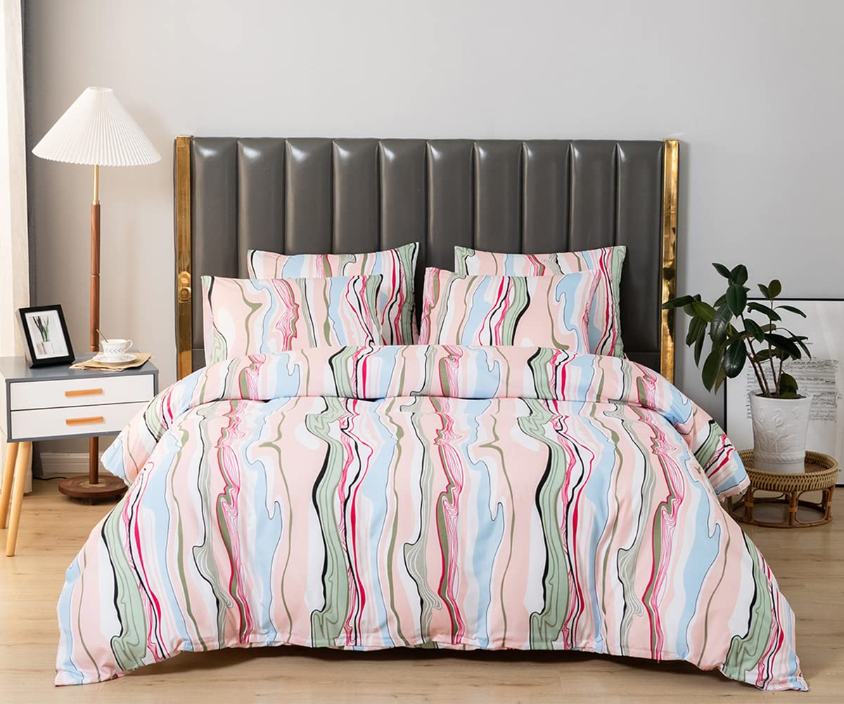 Nayoroom Multicolored Abstract Art Duvet Cover Set - Twin Size Pink Green Red Striped Printed Pattern, Ultra Soft Microfiber Geometric Bedding with Zipper & Corner Ties | Modern Kids Room, Guest Bedroom & Dorm Decor