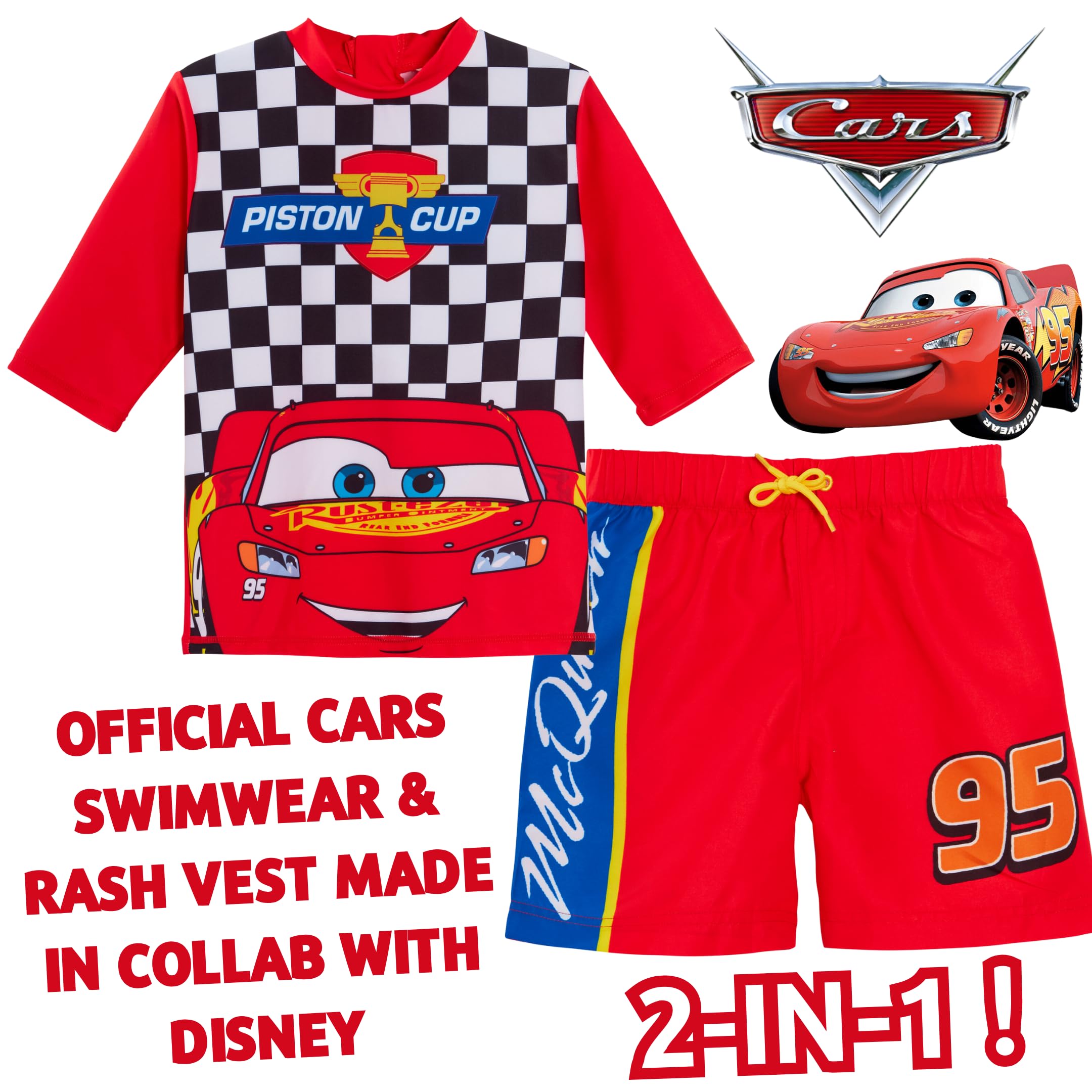 Lightning McQueen Boys 2-Piece Swim Set - Quick-Dry Rash Guard & Board Shorts for Kids - Perfect for Swimming, Surfing & Beach Play
