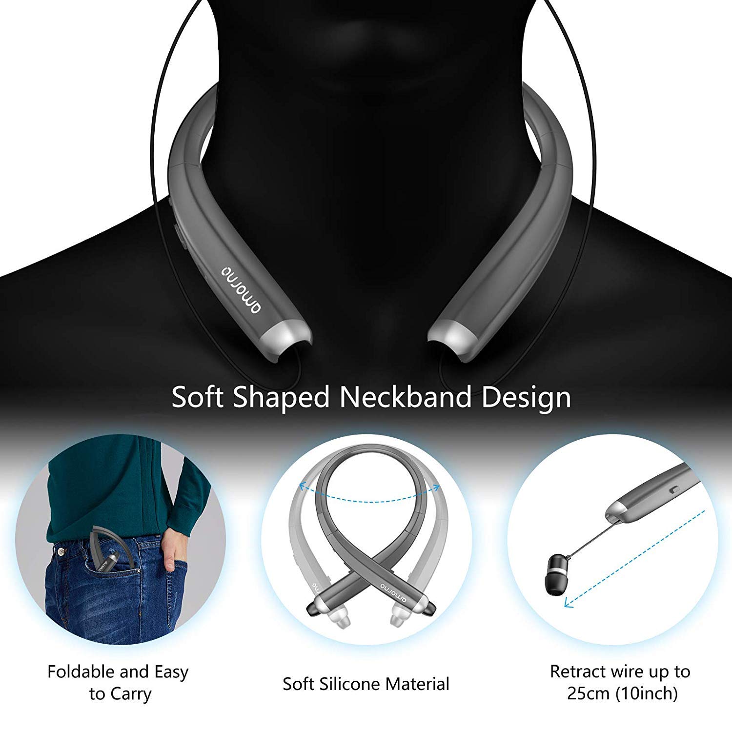 AMORNO Bluetooth Headphones Wireless - Foldable Neckband Headset with Retractable Earbuds, Sweatproof Noise Cancelling Stereo Earphones with Mic for Running, Gym & Travel (Grey)
