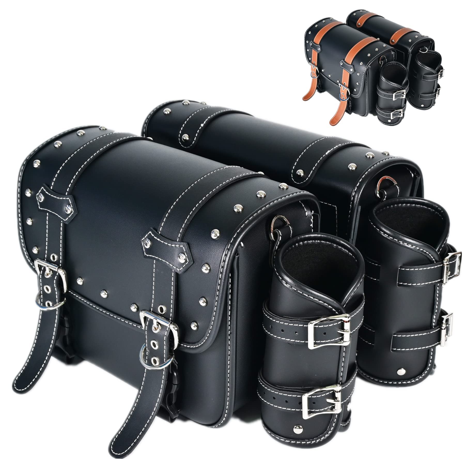 Waterproof PVC Leather Motorcycle Saddlebags - Universal Throw Over Panniers with Cup Holder & Side Tool Storage (1 Pair, Black with Brown Belt) | Durable Motorbike Luggage for Touring, Commuting & Adventure Rides