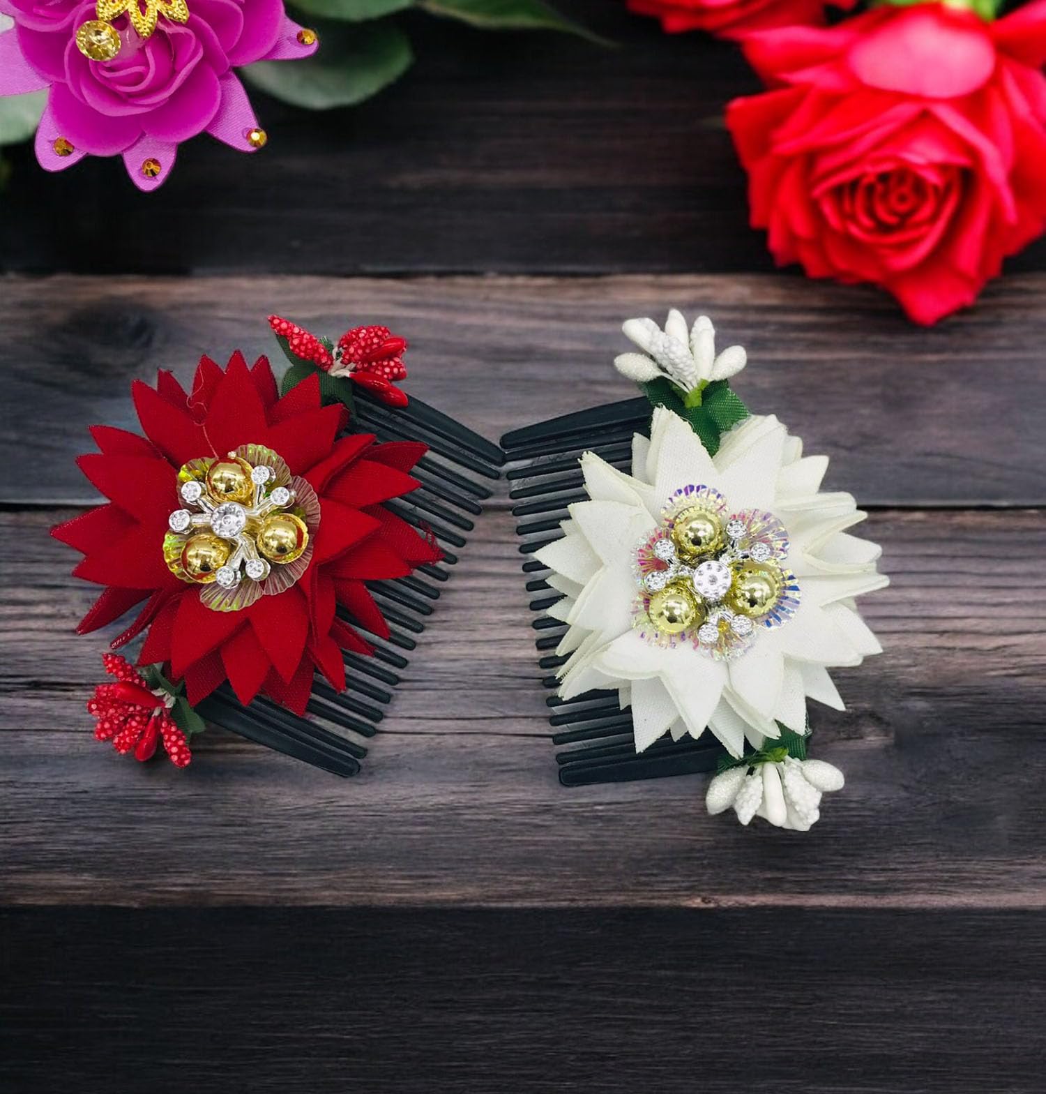 Gadinfashion™ Acrylic Hair Comb with Cloth Flower Design - 2 Pack Side Combs for Women & Girls (Red & White) - Perfect for Weddings, Parties & Everyday Hair Accessories