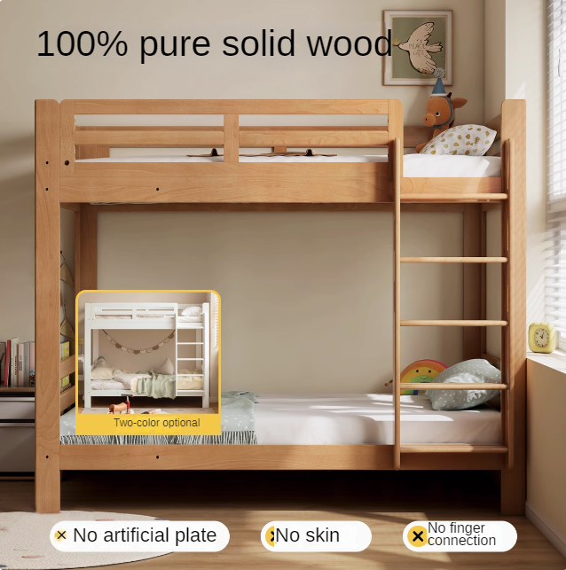 Solid Wood Bunk Bed - Beech & Birch Twin/Full Size - Space-Saving Kids & Guest Room Furniture for Small Bedrooms & Vacation Homes