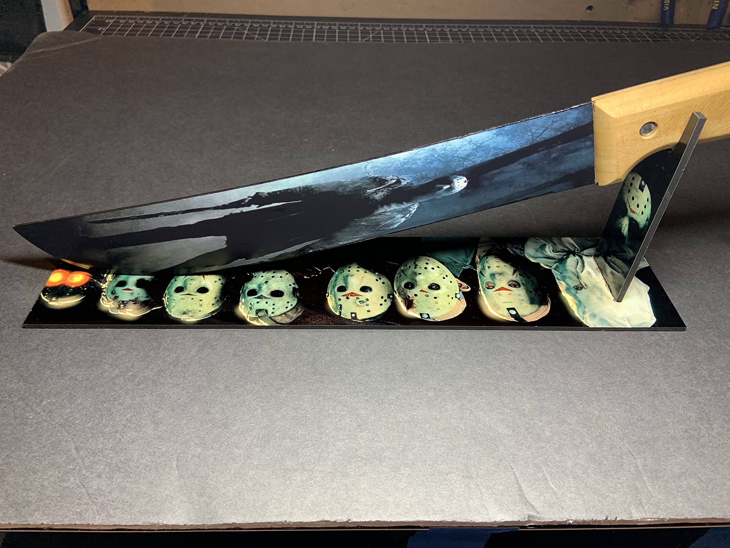 Jason Voorhees Friday the 13th Machete Replica with Sublimated Stand - Perfect for Horror Movie Collectors, Halloween Decor & Cosplay Props