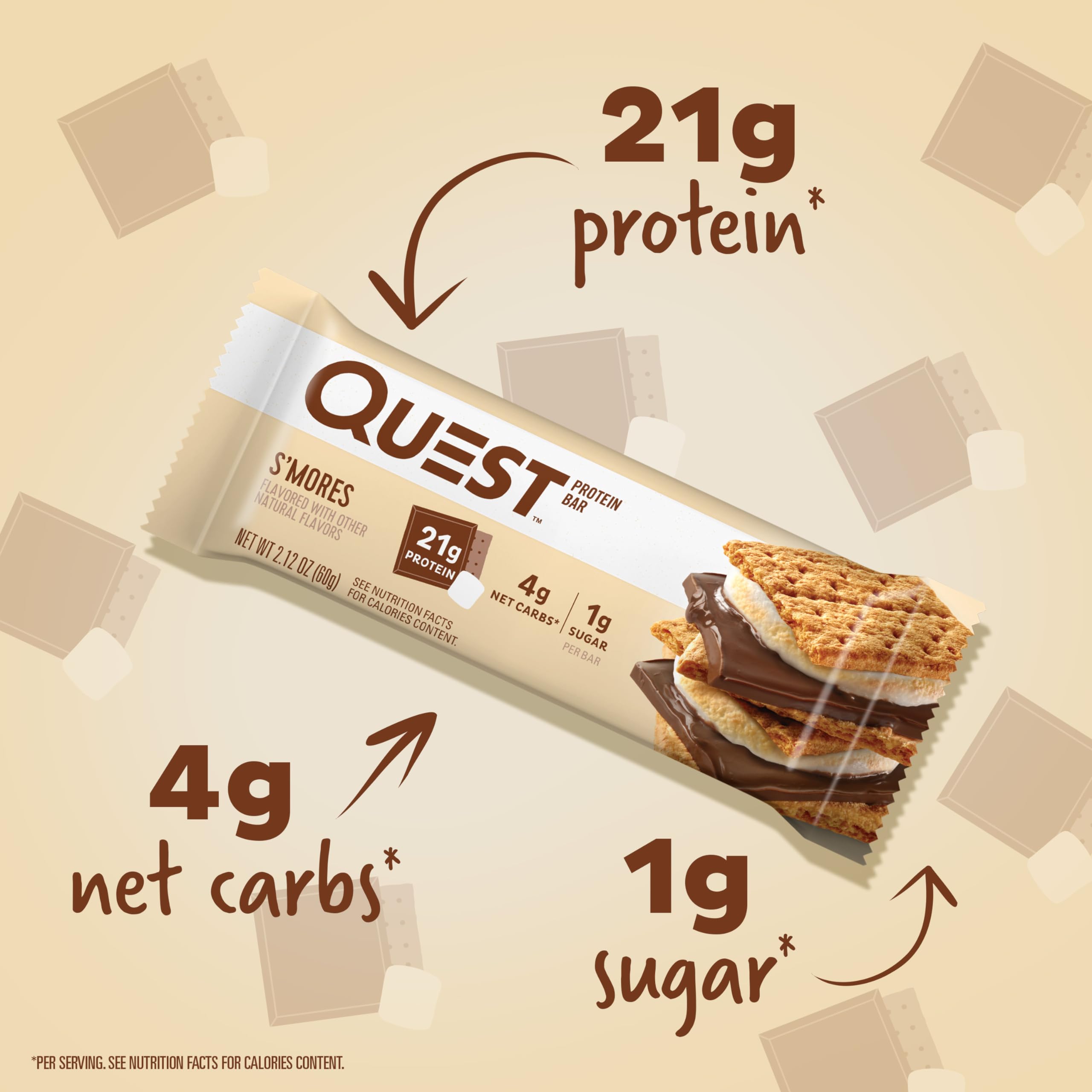 Quest Nutrition S'mores Protein Bar - 31g Protein, 4g Net Carbs, 1g Sugar, Gluten Free, Keto Friendly (Pack of 4) | High Protein Snack for Weight Loss, Muscle Building & On-the-Go Energy