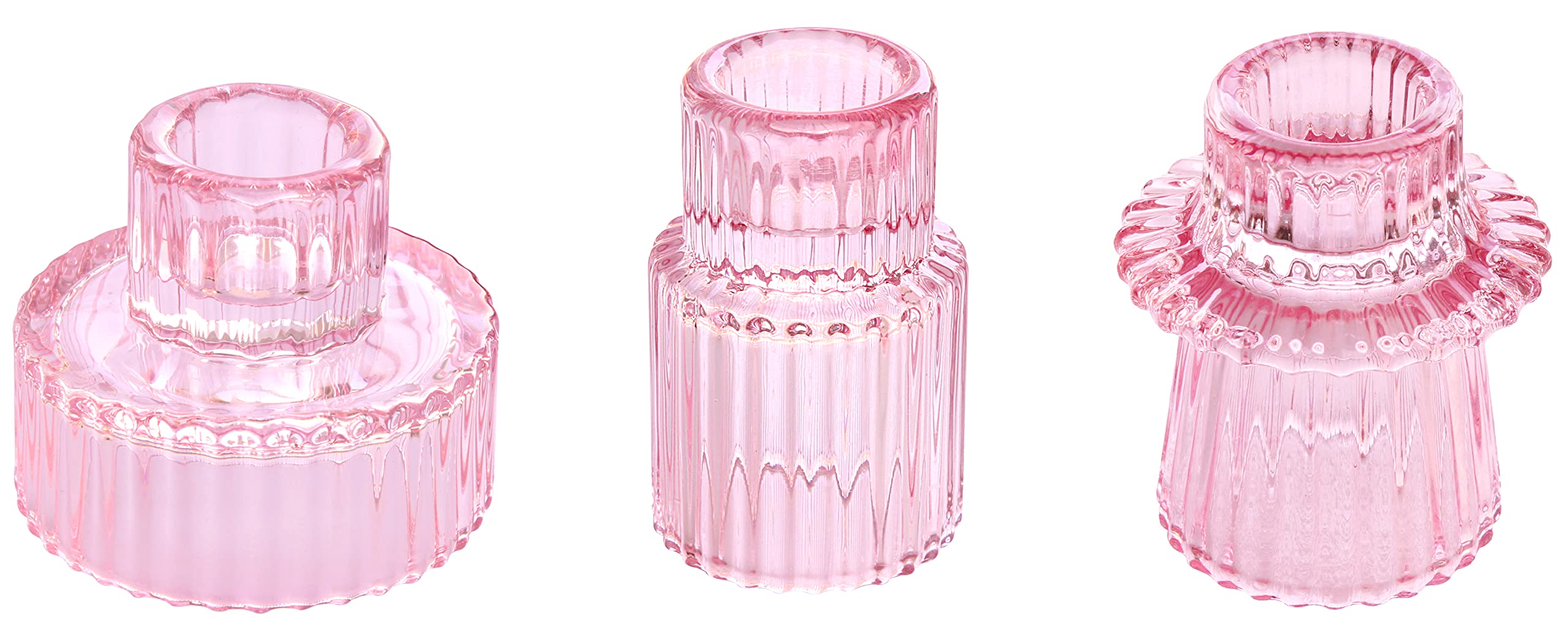 Vixdonos Set of 3 Pink Glass Candlestick Holders - Elegant Candle Holders for Taper, Pillar & Tealight Candles - Perfect for Weddings, Romantic Dinners & Home Decor