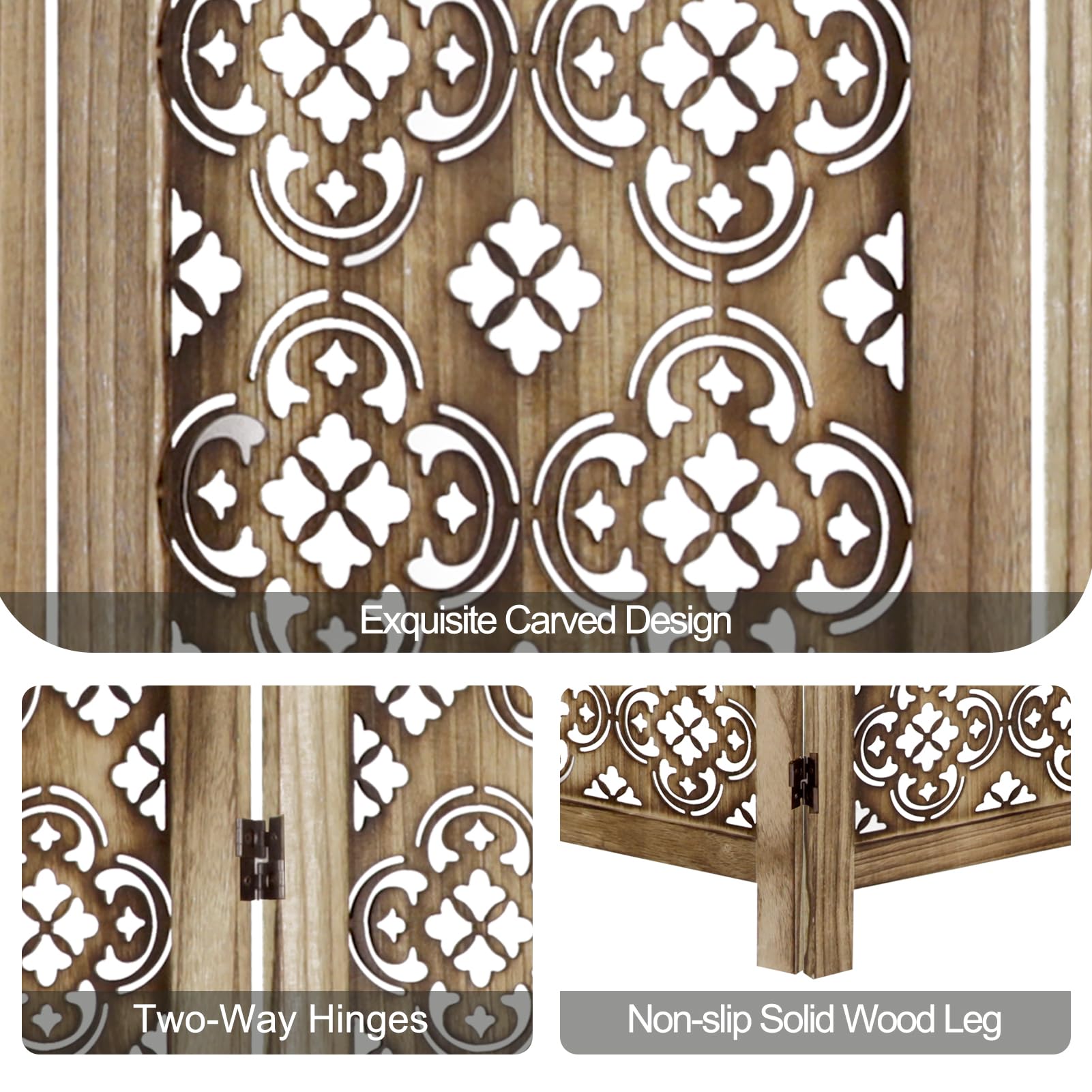 ECOMEX 5.6Ft Wooden Room Divider with 4 Panel Cutout Design - Fully Assembled Folding Screen for Home, Office, Restaurant & Bedroom - Natural Brown Wall Partition for Privacy & Space Decoration