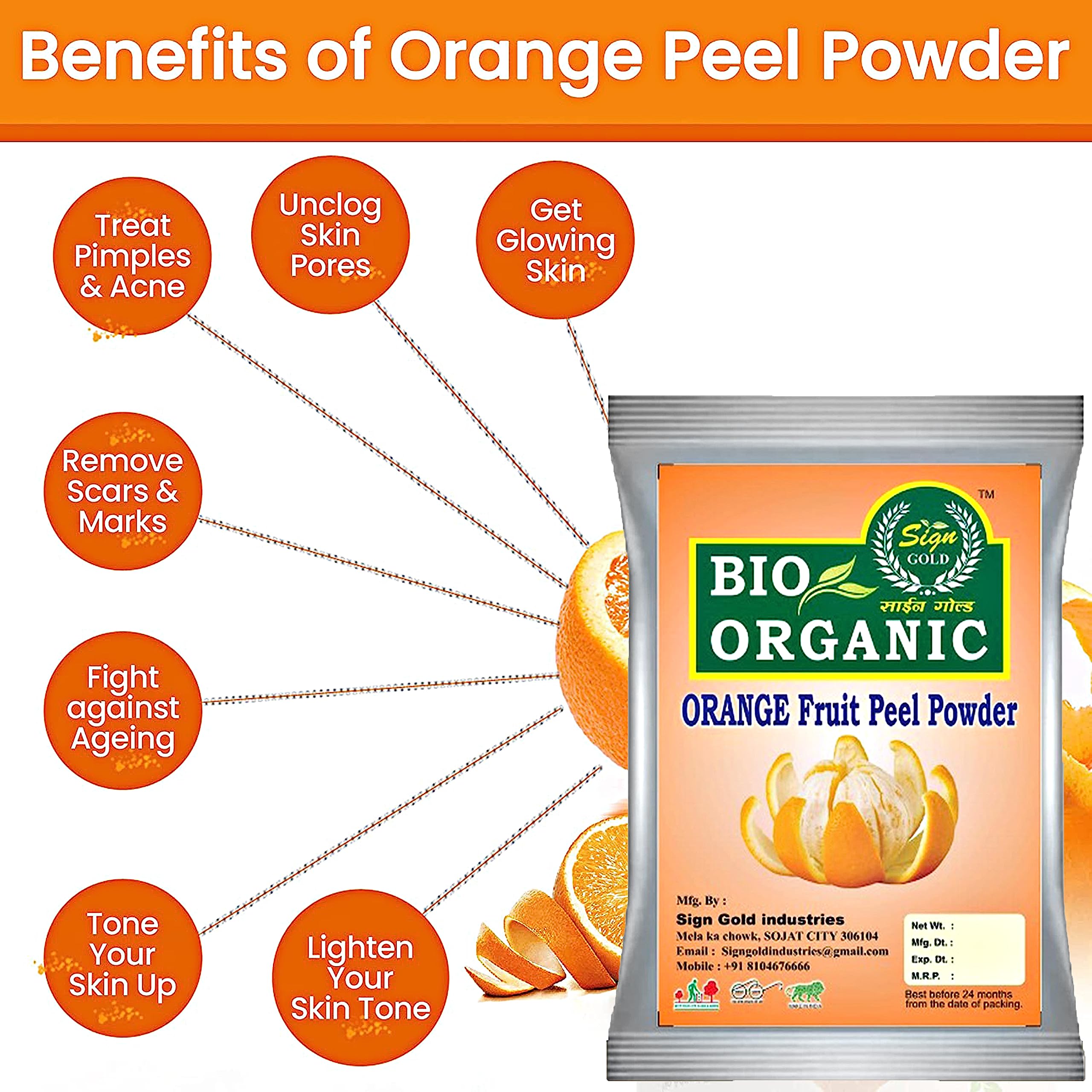 Gold Orange Fruit Peel Powder for Hair & Face - Natural Skincare & Haircare Solution - DIY Face Masks & Hair Treatments