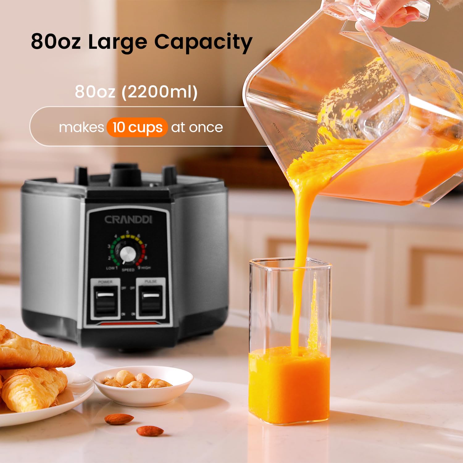 CRANDDI 1500W Commercial Blender - 80oz High-Speed Ice Crusher for Smoothies, Shakes & Food Prep - Heavy Duty Blender with Tamper & Removable Soundproof Cover - Perfect for Restaurants, Bars & Home Kitchens (Grey, Model K85)
