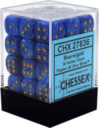 Chessex D6 36 Pack - Blue with Gold Vortex 12mm Pipped Dice Set for Tabletop RPG, Board Games & Collectors | Perfect for Dungeons & Dragons, Pathfinder & MTG