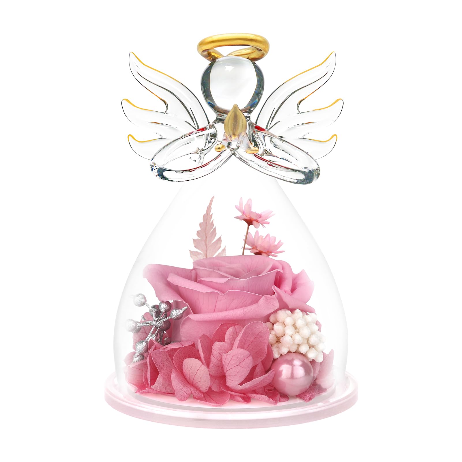 Preserved Rose in Glass Angel Figurine - Pink Flower Gift for Mom, Grandma, Wife, Sister - Perfect for Mother's Day, Birthday, Anniversary, and Home Decor