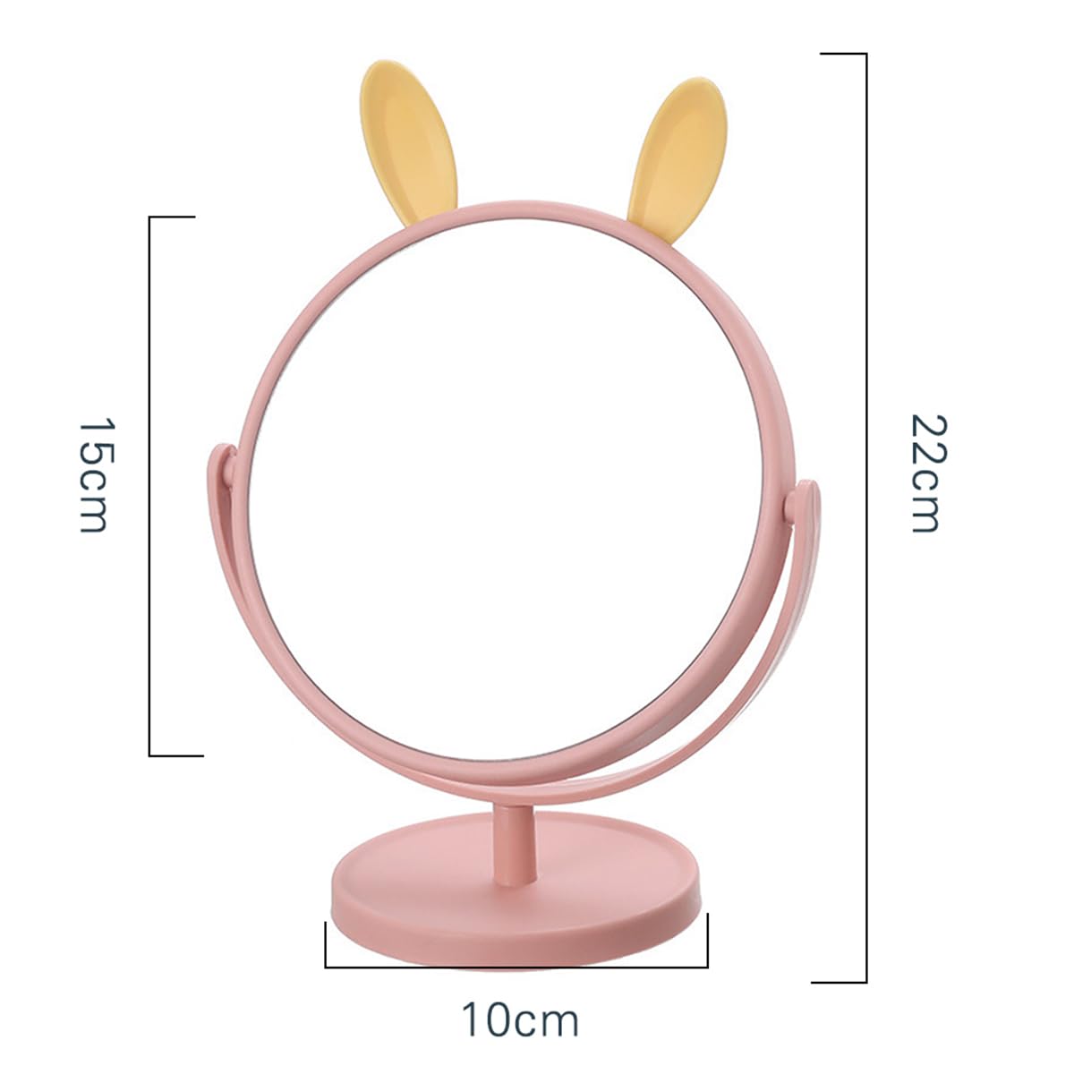 Leeonz Round Vanity Makeup Mirror with Stand - Wall Mount or Desktop Plastic Mirror with Cute Rabbit Ears (Pink & Yellow) for Bathroom, Bedroom, Dorm Room Decor