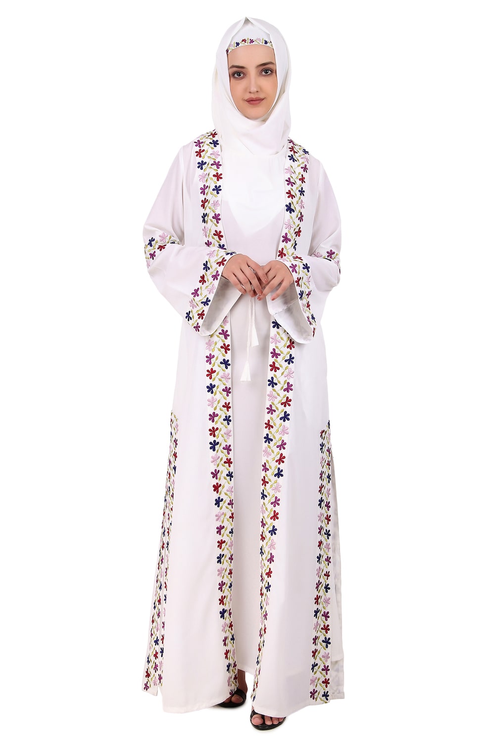 Elegant White Embroidered Front Open Abaya for Women - Perfect for Prayer, Modest Fashion, and Special Occasions