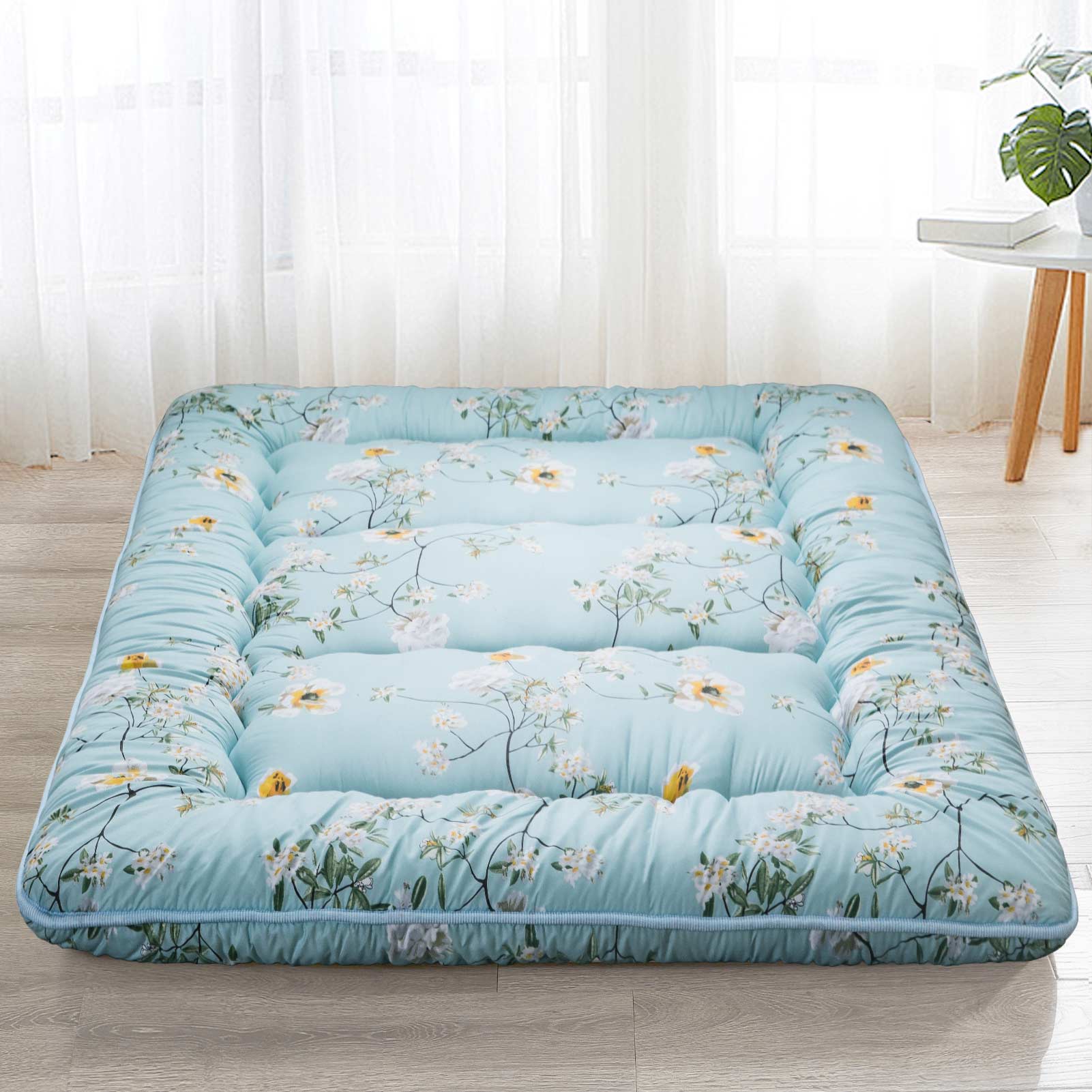 MAXYOYO Floor Mattress - Japanese Futon Mattress with Floral Print | Comfortable Sleeping Pad for Guest Beds, Camping & Home Yoga