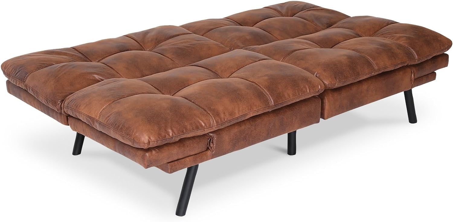 Hcore Leather Futon Couch - Foldable Loveseat Sofa Bed in Natural Brown for Small Spaces, Guest Room & Apartment Living