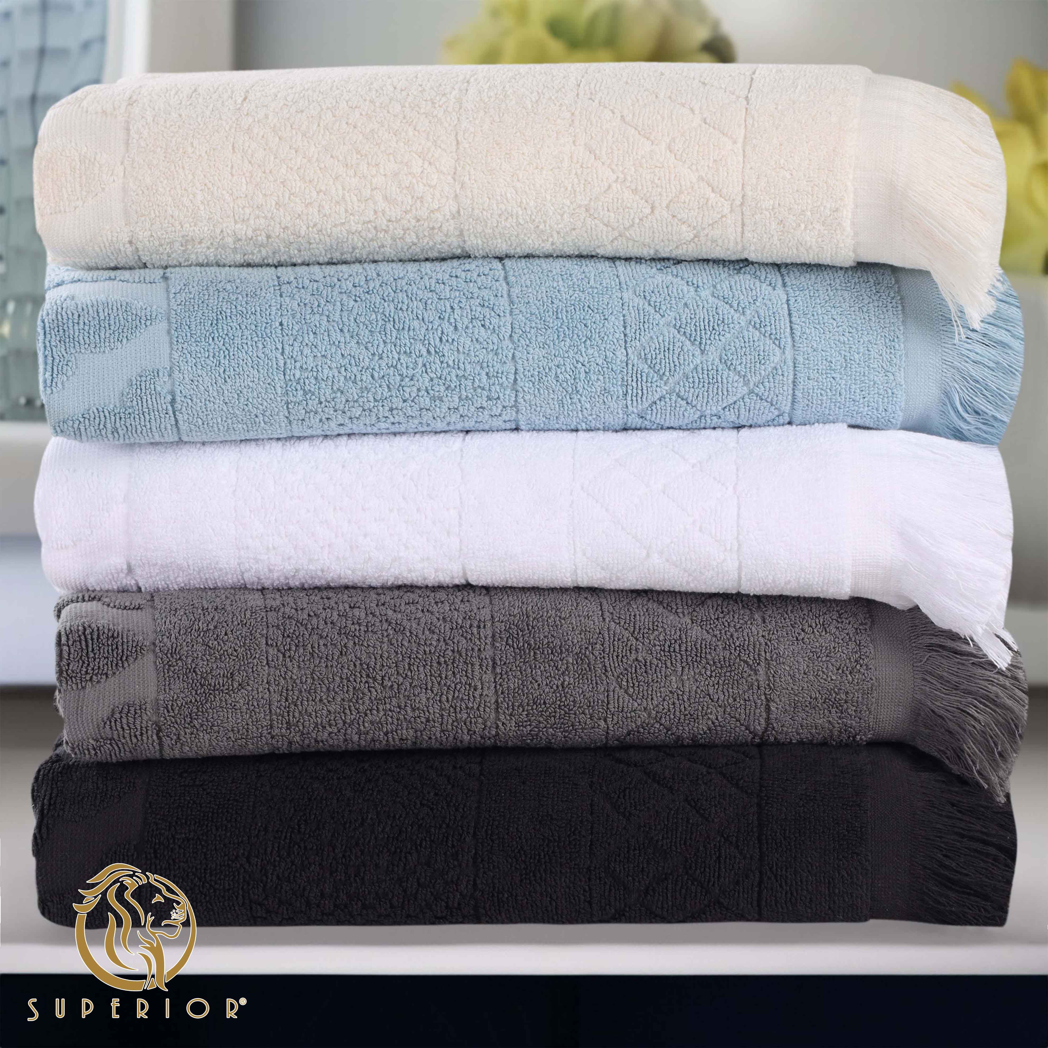 Premium Rolla Cotton Geometric Jacquard Plush Bath Towel Set - 3 Pack | Ultra Absorbent & Quick-Drying | Luxury Spa, Bathroom & Beach Towels