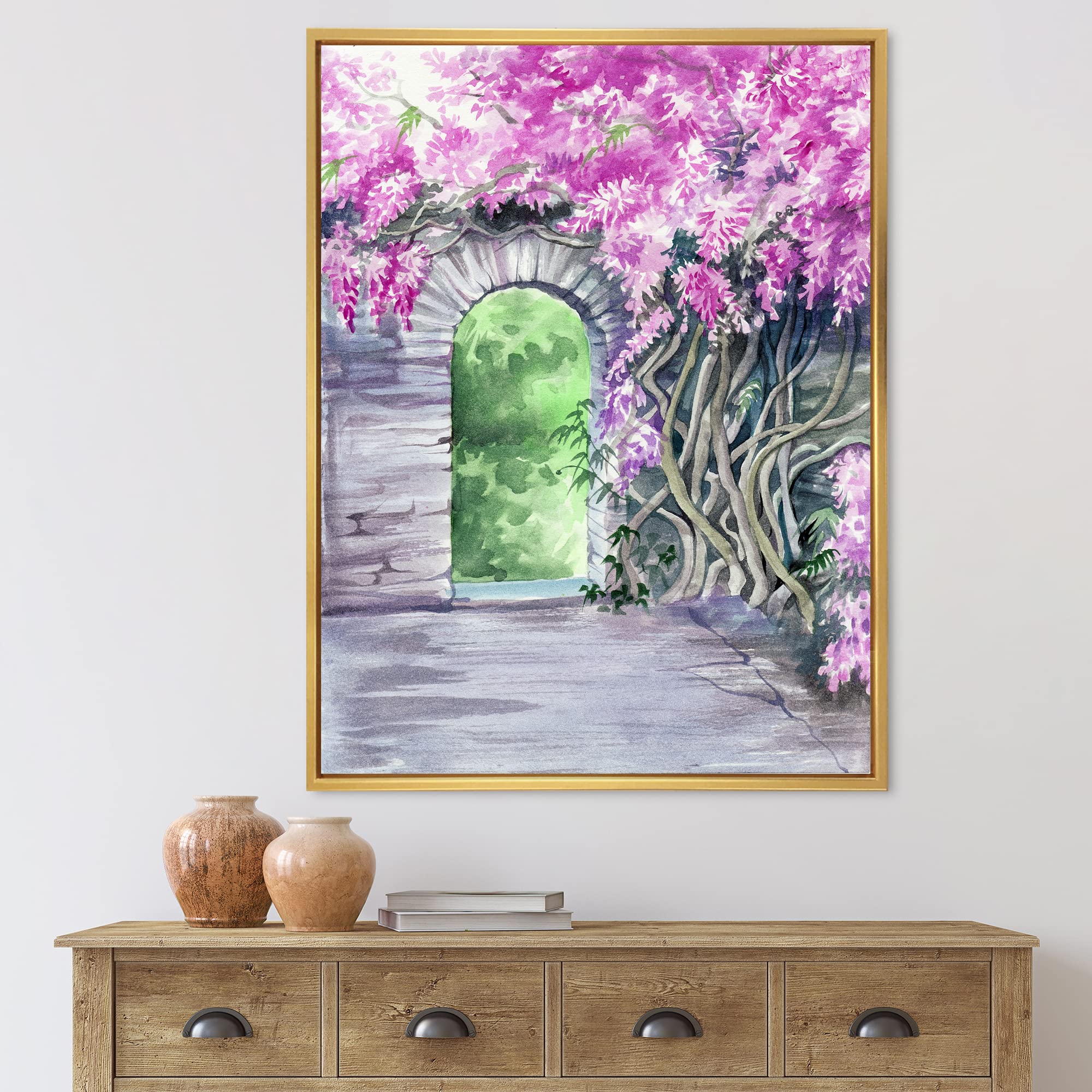 DesignQ Blossoming Wisteria Garden Over The Wall - Traditional Framed Canvas Wall Art Print - Home Decor for Living Room, Bedroom & Office
