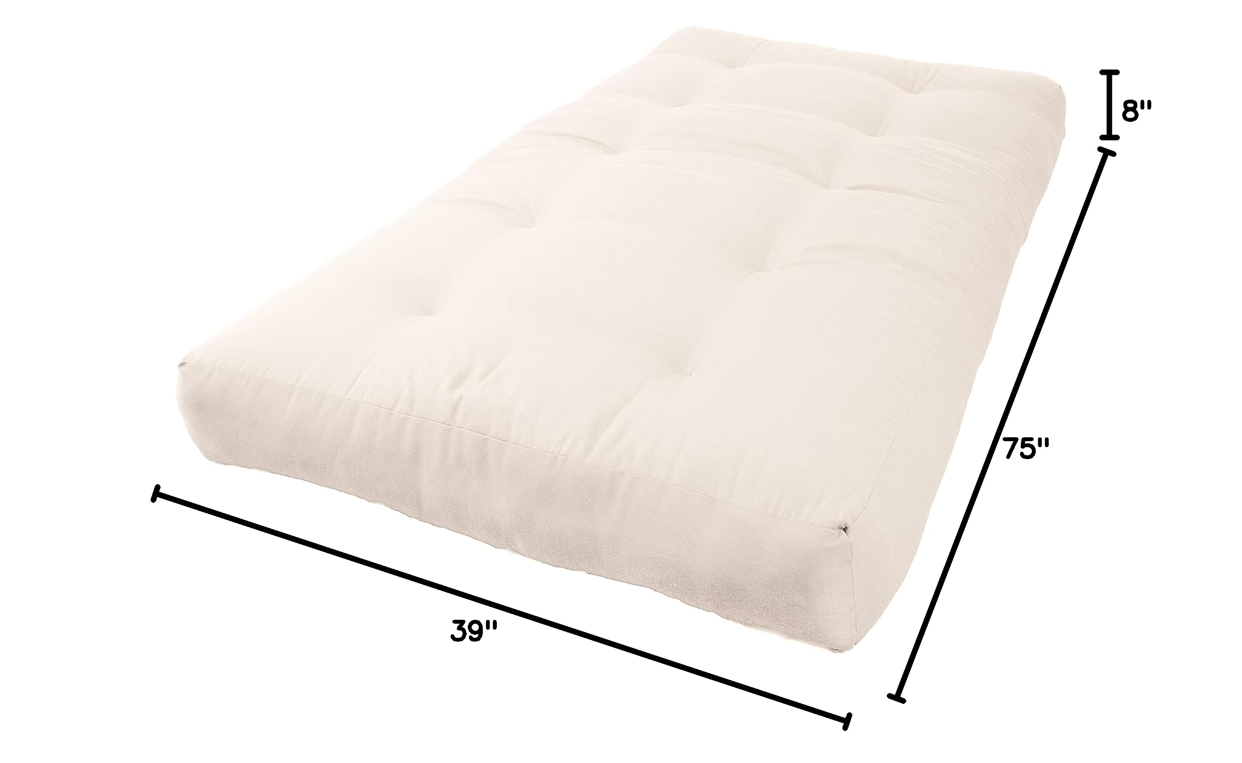Blazing Needles Renewal 8 Inch Twill Futon Mattress - Twin Size, Natural Cotton - Perfect for Guest Rooms, Dorm Beds & Small Space Living