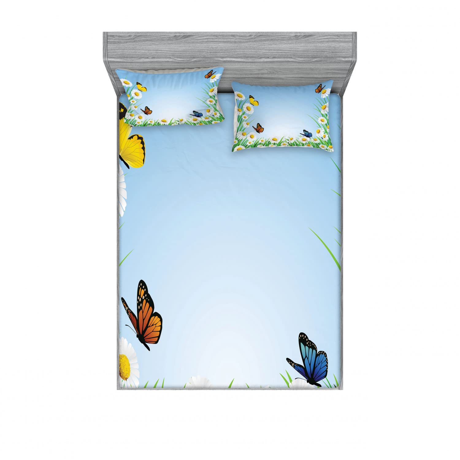 Ambesonne 2-Piece Queen Size Fitted Sheet Set with 4 Pillow Shams - Vibrant Daisy & Butterfly Floral Pattern Bedding Collection | Soft & Breathable for Comfortable Sleep | Perfect for Guest Rooms, Vacation Homes & Dorm Decor