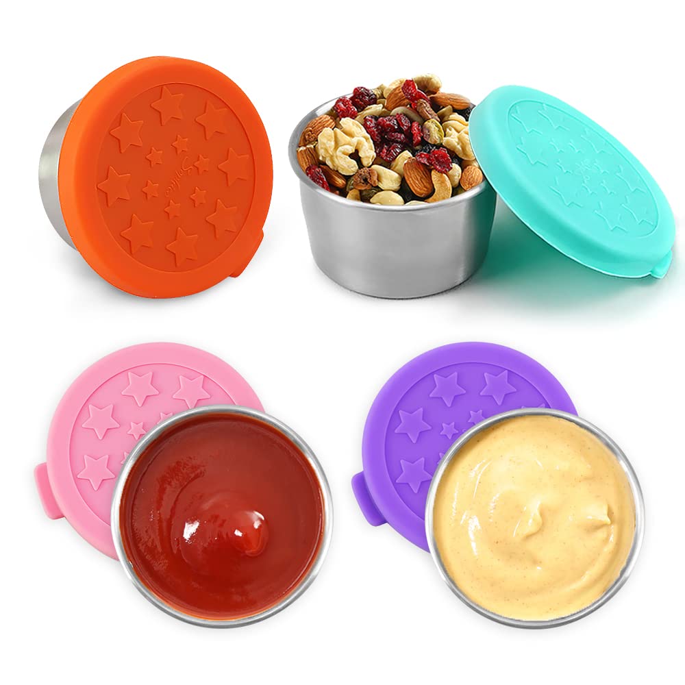 Sophico 1.6oz Stainless Steel Salad Dressing Containers with Leakproof Silicone Lids - 4 Pack Small Condiment Cups for Kids Sauce, Dips & Food Storage | Perfect for Lunch Boxes, Picnics, Travel & On-the-Go Meals (4 Colors)