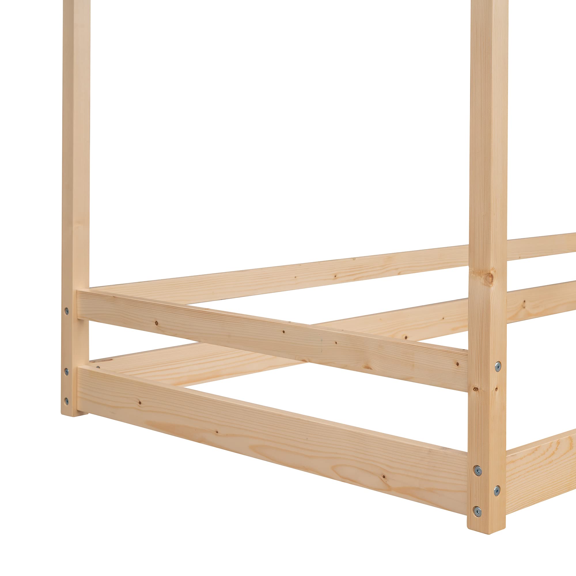 P PURLOVE Twin House Floor Bed Frame for Kids - Montessori Style Wooden Platform Bed with Roof - No Slats Needed - Natural Wood Finish - Perfect for Toddler Rooms, Playrooms & Montessori Bedrooms