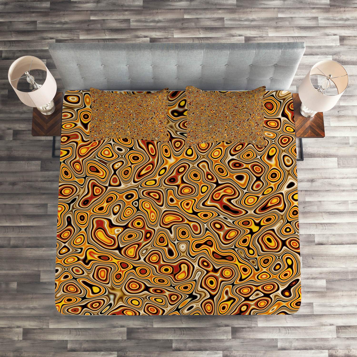 Ambesonne Psychedelic Bedspread Set - King Size 3-Piece Quilted Coverlet with Abstract Hallucinatory Design & Eastern Marble Print in Orange Brown | Includes 2 Pillow Shams | Perfect for Bohemian Bedroom Decor, Guest Room Makeover & Cozy Home Styling
