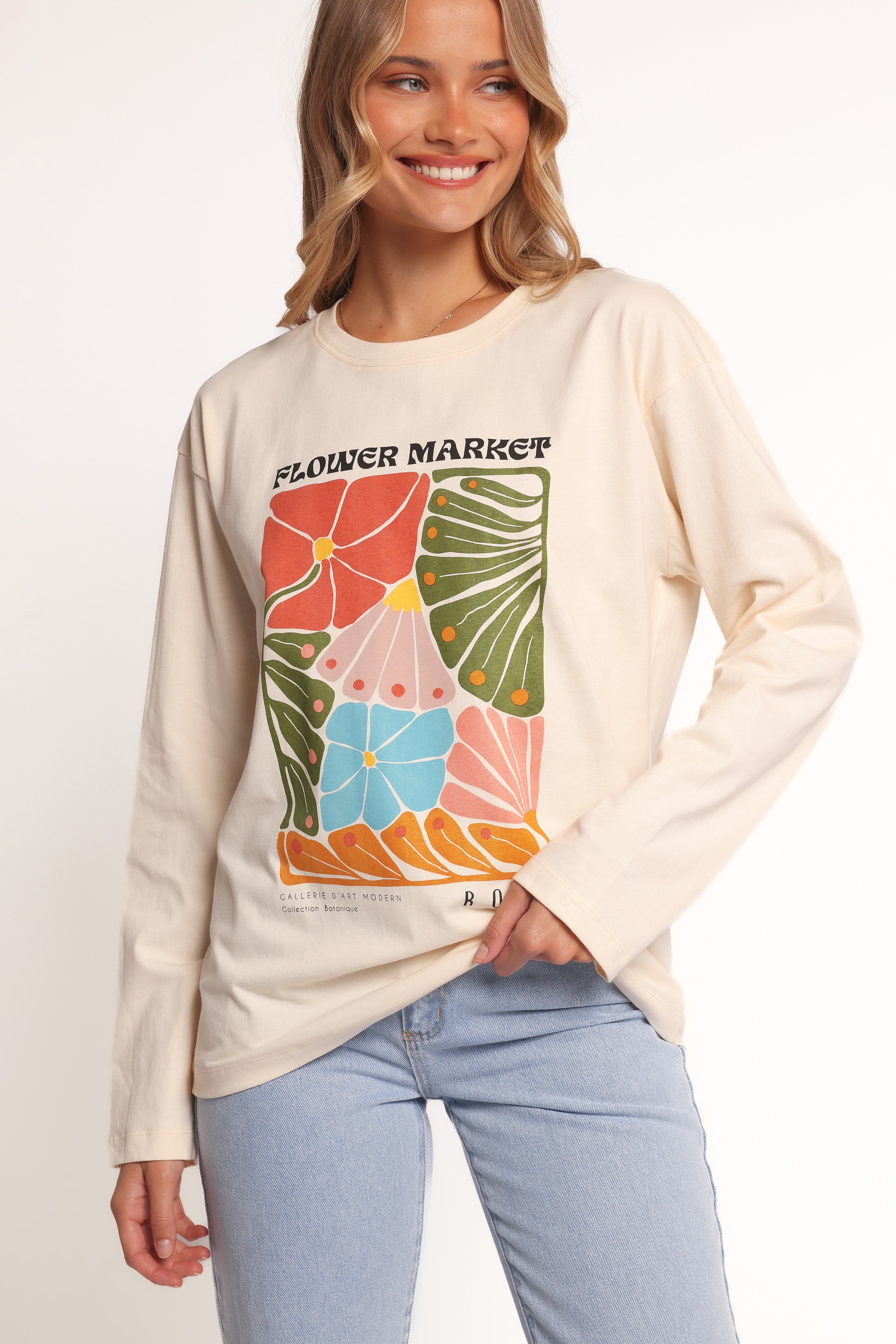 Flower Market Long Sleeve T-Shirt for Women - Soft Cream Casual Top for Spring & Fall | Perfect for Daily Wear, Outings & Layering