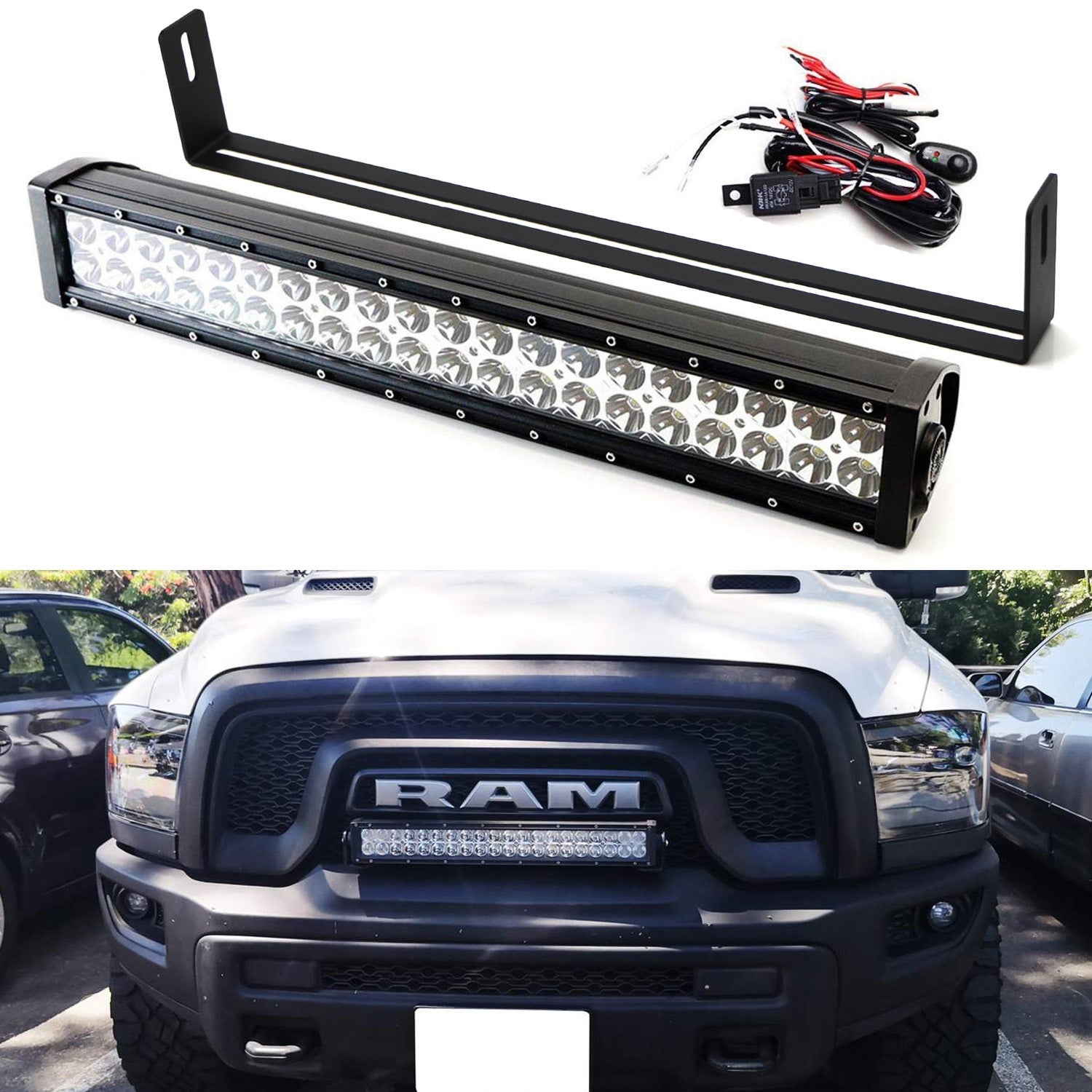 120W LED Light Bar with Front Grill Mounting Bracket & Wiring Harness for Dodge RAM Rebel - Off-Road, Truck, Jeep Lighting for Night Driving & Adventure