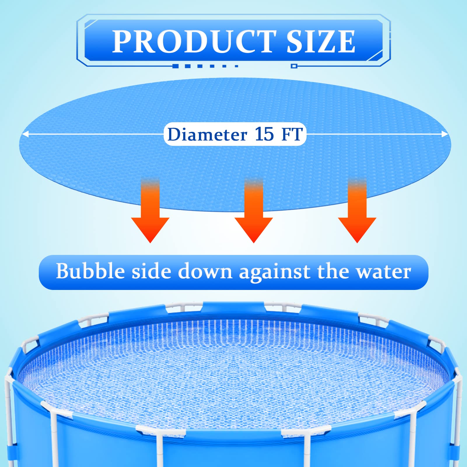 15 Ft Solar Pool Cover - Round Inground & Above Ground Swimming Pool, Hot Tub & Spa Thermal Blanket - Bubble Insulation for Heat Retention & Energy Savings - Perfect for Summer, Winter & Year-Round Use