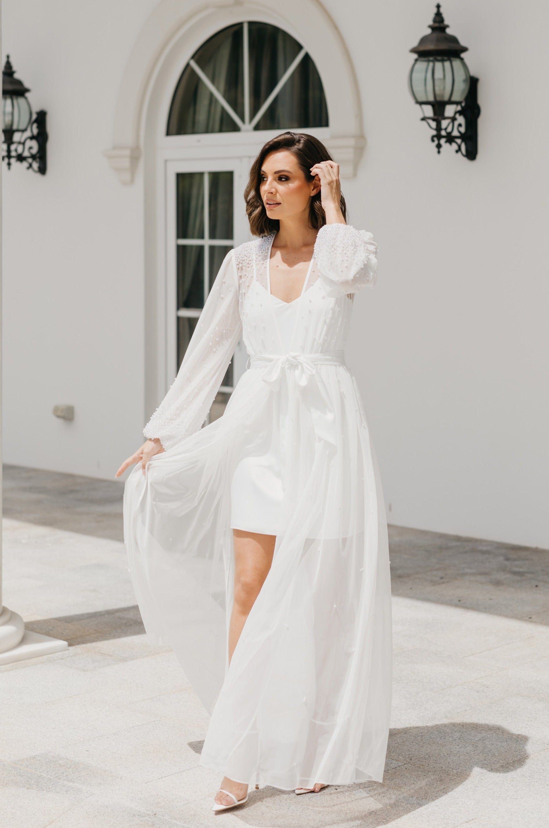 Millie Hand-Beaded Pearl Mesh Maxi Dress with Slip - Elegant Evening Gown for Weddings, Parties & Special Occasions