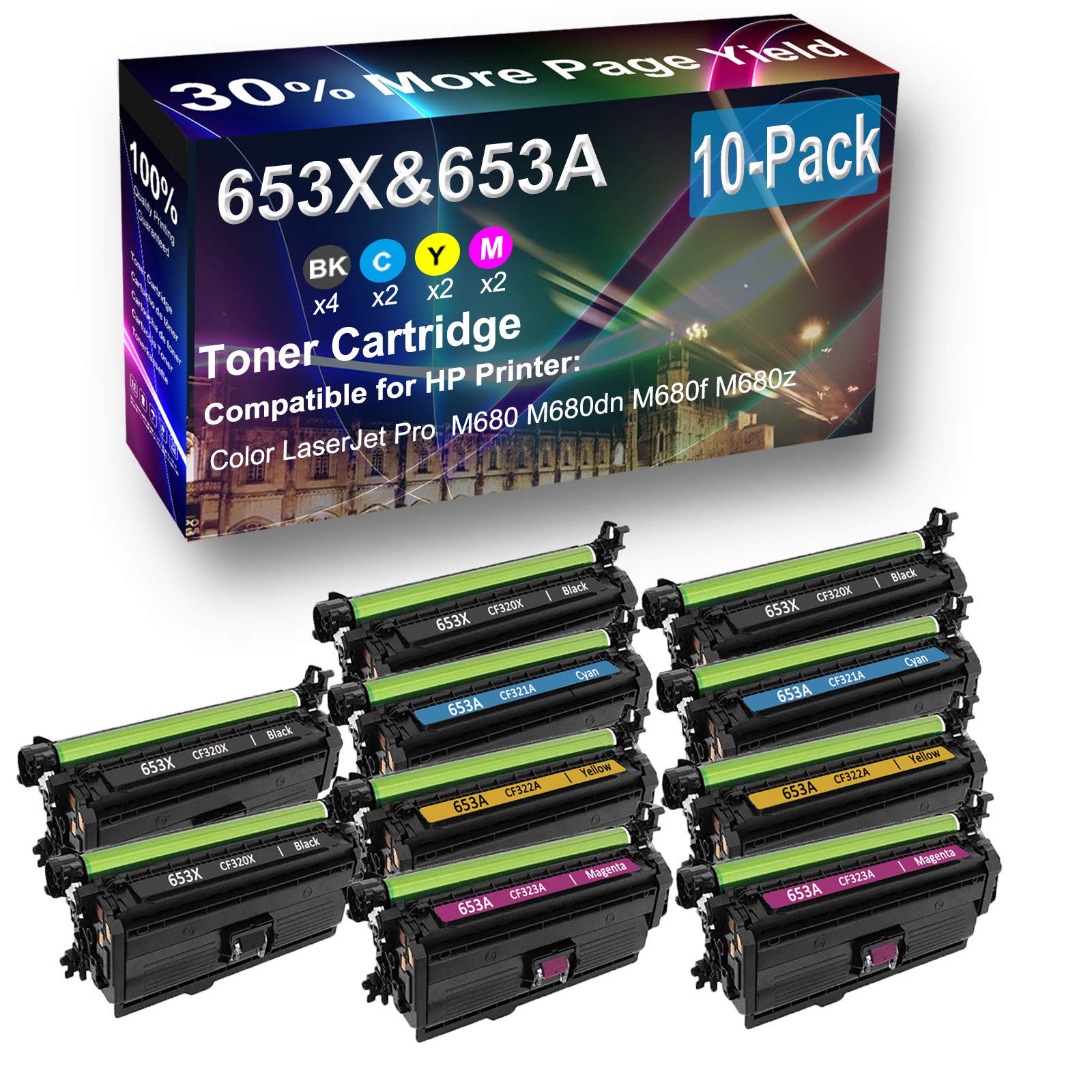 10-Pack (4BK+2C+2Y+2M) High Yield 653X 653A (CF320X+CF321A+CF322A+CF323A) Compatible Toner Cartridge for HP M680z Laser Printer - Office & Home Printing Solution