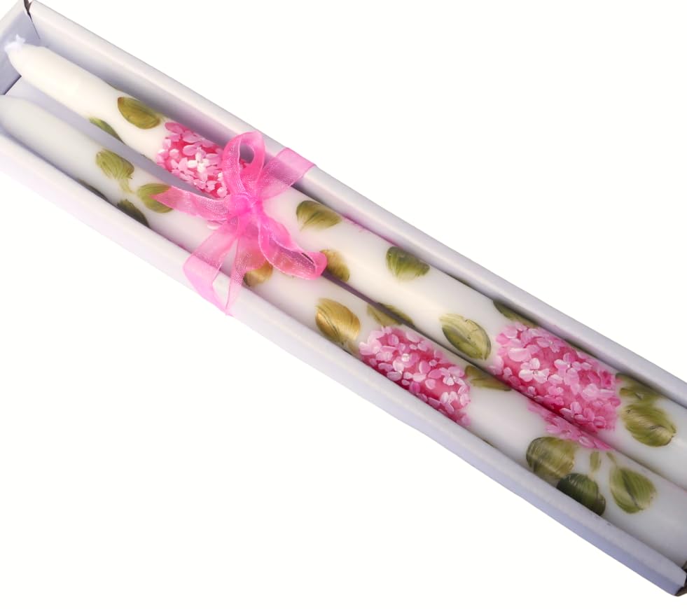 Hand Painted Pink Hydrangea Flower Taper Candles - Dripless Romantic Spring Decorations for Wedding, Dining Table, Bathroom & Home Decor - Shabby Chic Floral Accents