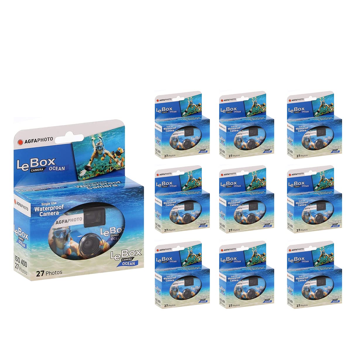 AgfaPhoto LeBox Ocean Waterproof Disposable Camera - 27 Exposures, 9-Pack Bundle - Perfect for Beach Vacations, Pool Parties & Underwater Photography