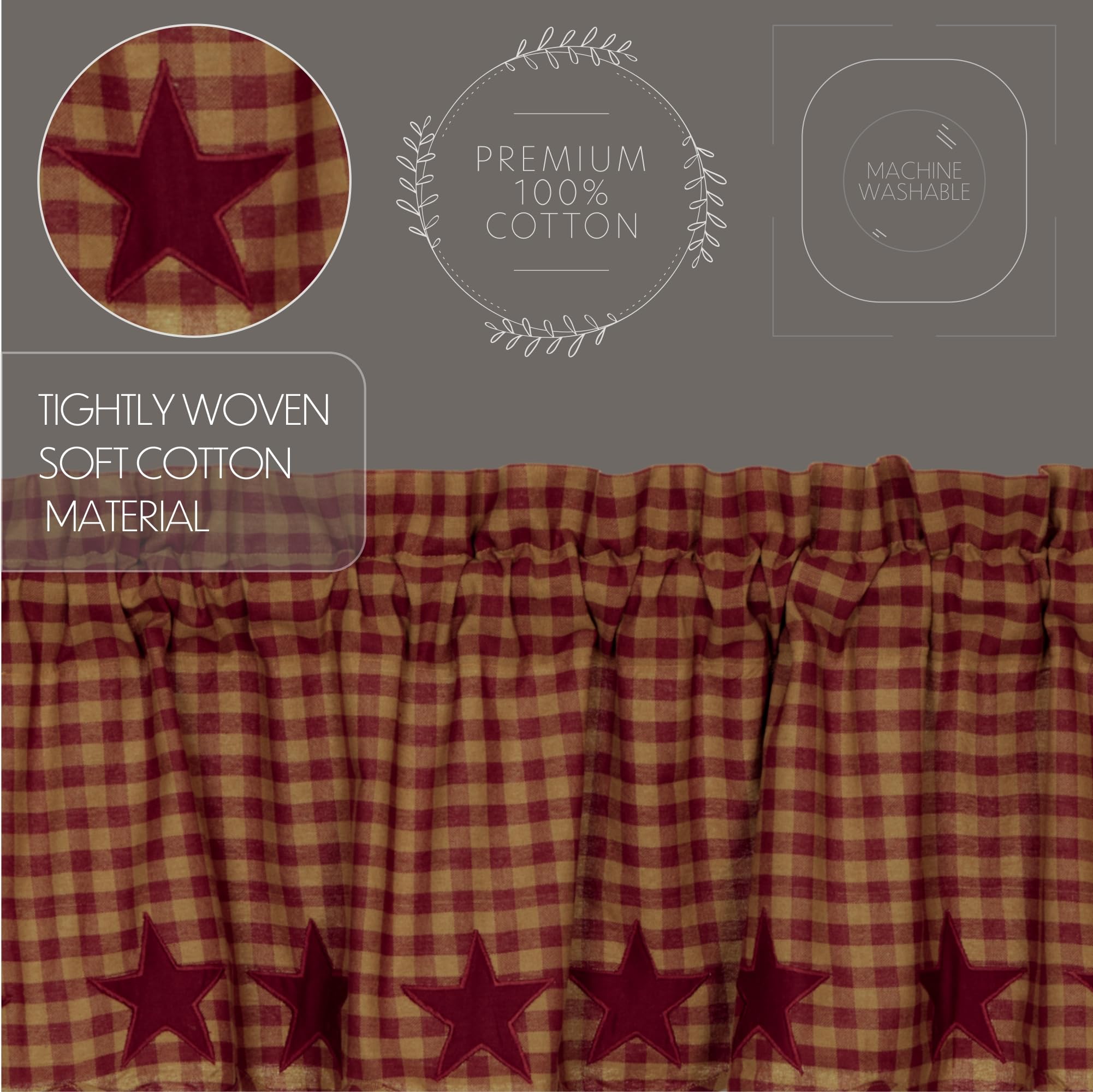 VHC Brands Star Cotton Primitive Kitchen Curtains - Rod Pocket Appliqued Valance 16x60 Inches, Burgundy Red - Farmhouse Window Treatment for Cozy Country Kitchen Decor