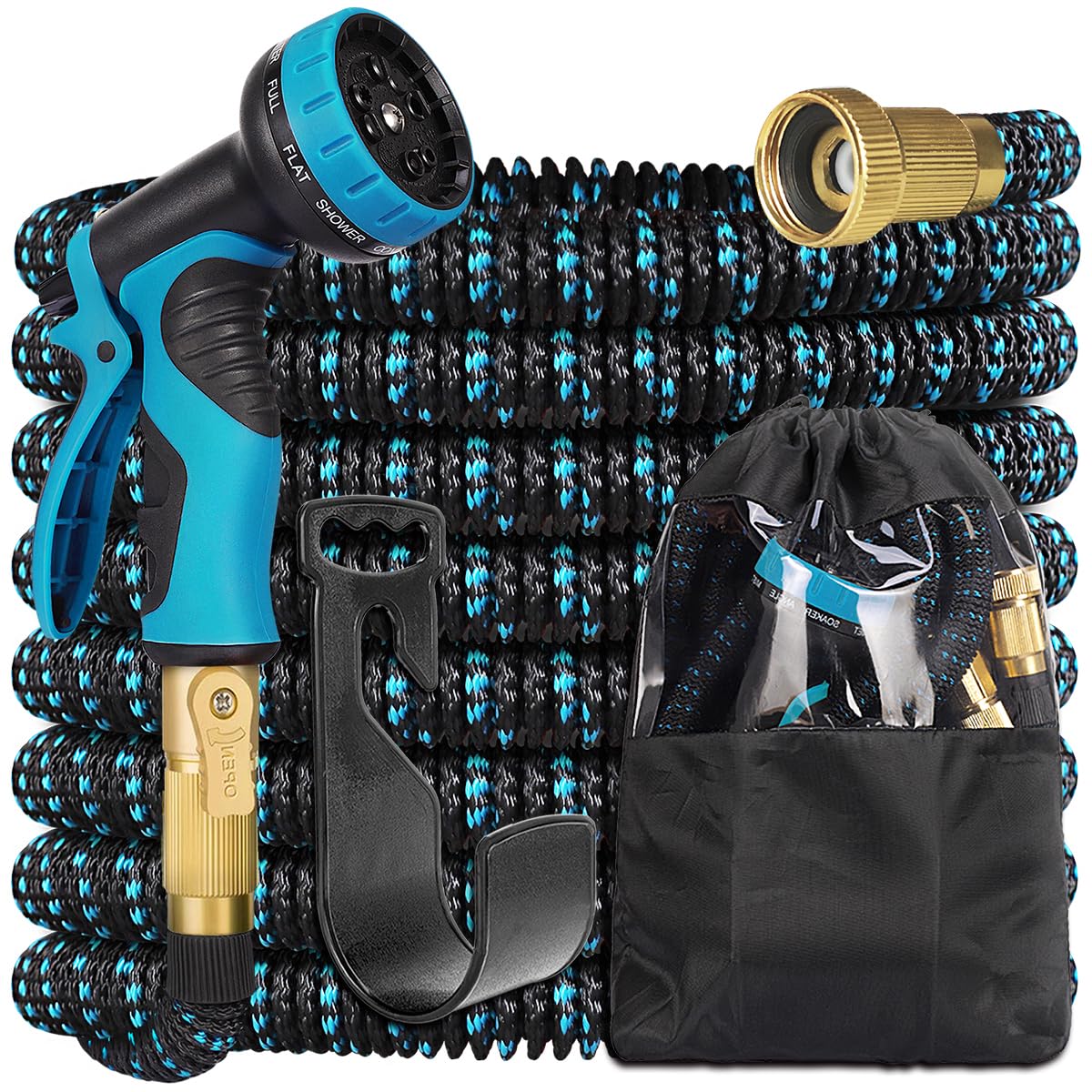 25FT Expandable Garden Hose with 10-Function Nozzle - Heavy Duty Flexible Water Hose with 3/4