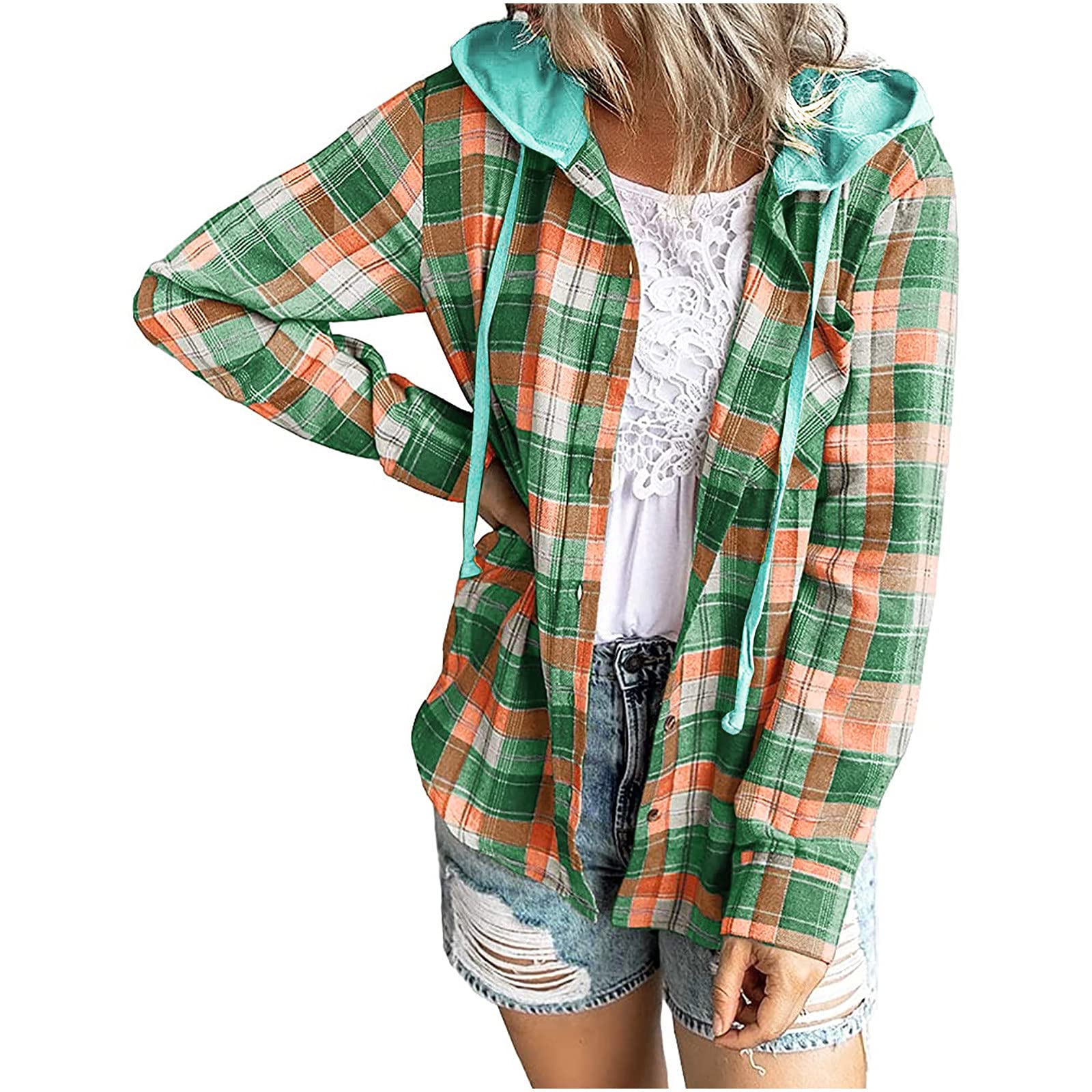 Plus Size Women's Plaid Shacket - Long Sleeve Button Down Blouse with Hood | Casual Cardigan Jacket for Women | Perfect for Fall Layering, Office Wear & Outdoor Activities