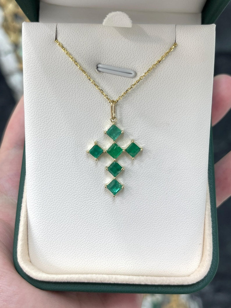 1.0tcw 14K Gold Natural Princess Cut Emerald Medium Green Religious Cross Pendant Necklace for Women - Perfect for Church, Baptism, Weddings & Everyday Faith Jewelry
