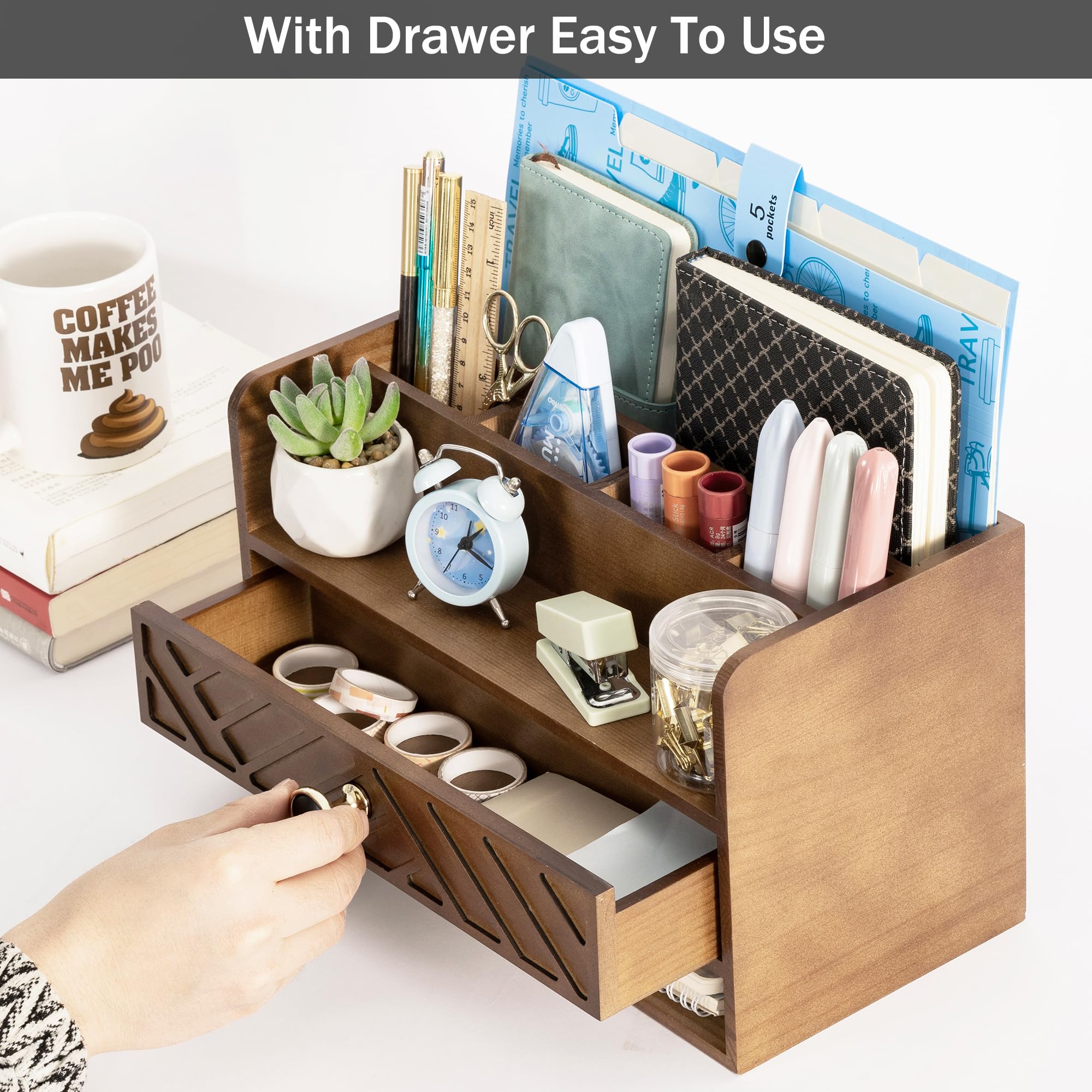 Brown Wood Desk Organizer with Drawer - Office Supplies Mail Holder & File Organizer for Bills, Letters | Perfect for Home Office, Workspace & Study Desk Organization